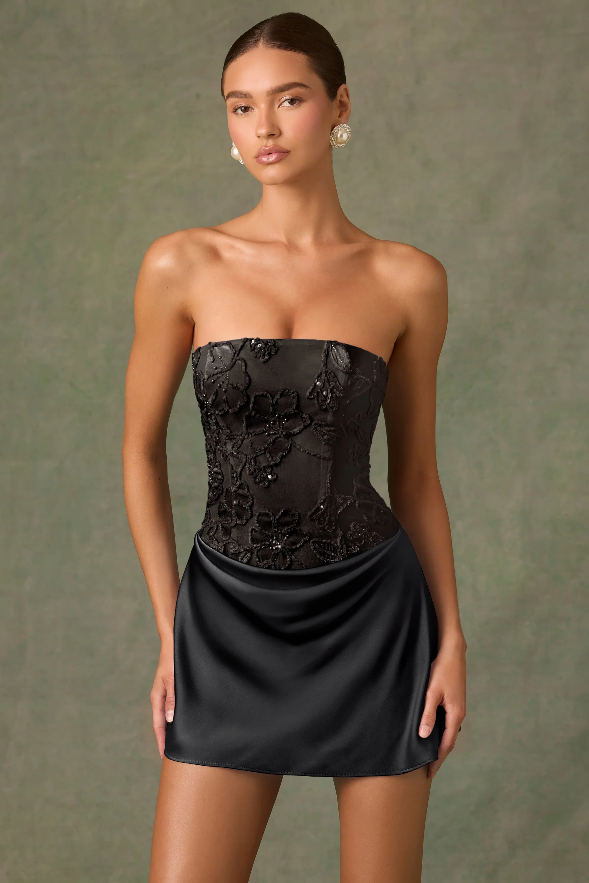 Embellished Draped Strapless A-Line Mini Dress in Black