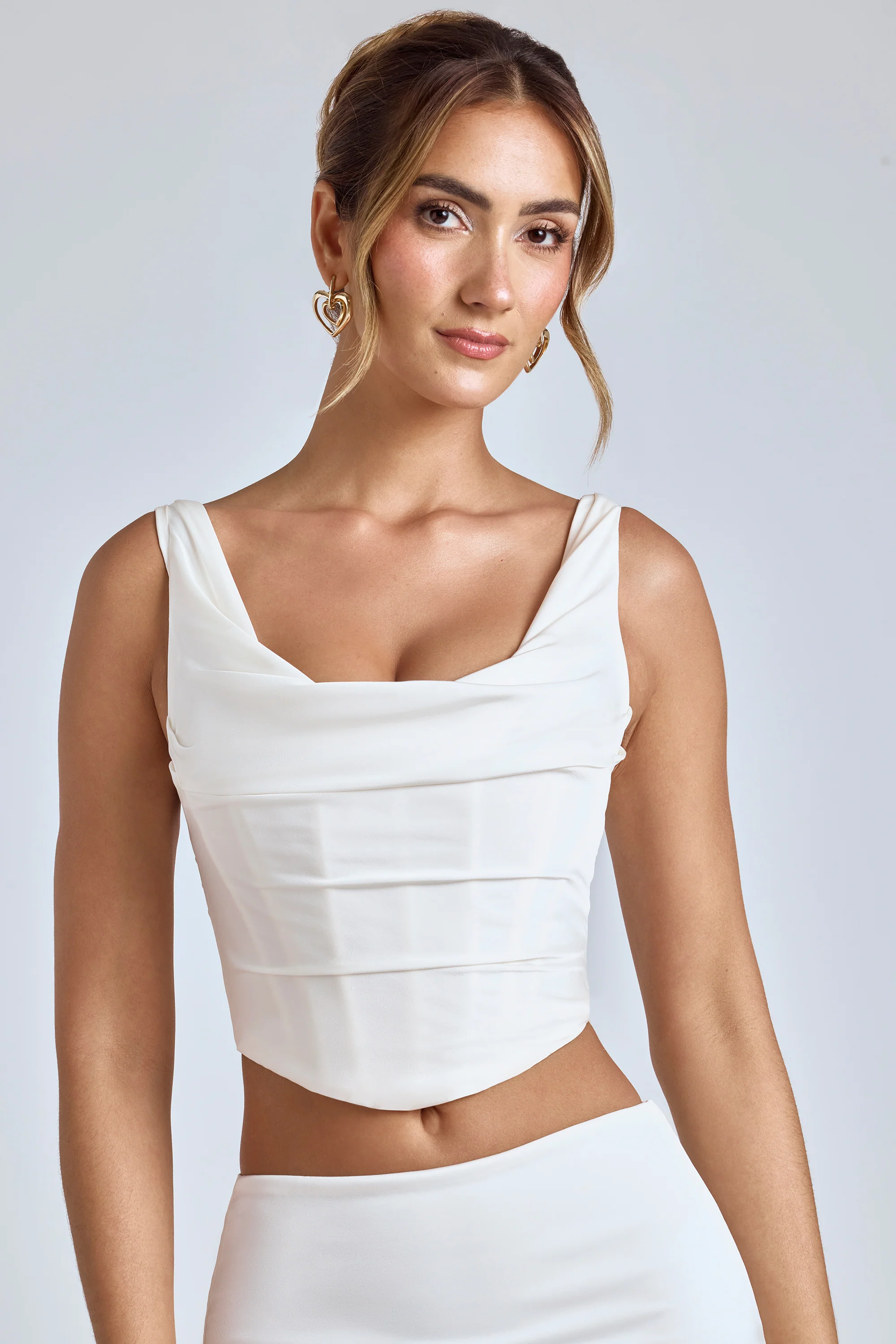 Draped Cowl Corset Top in White