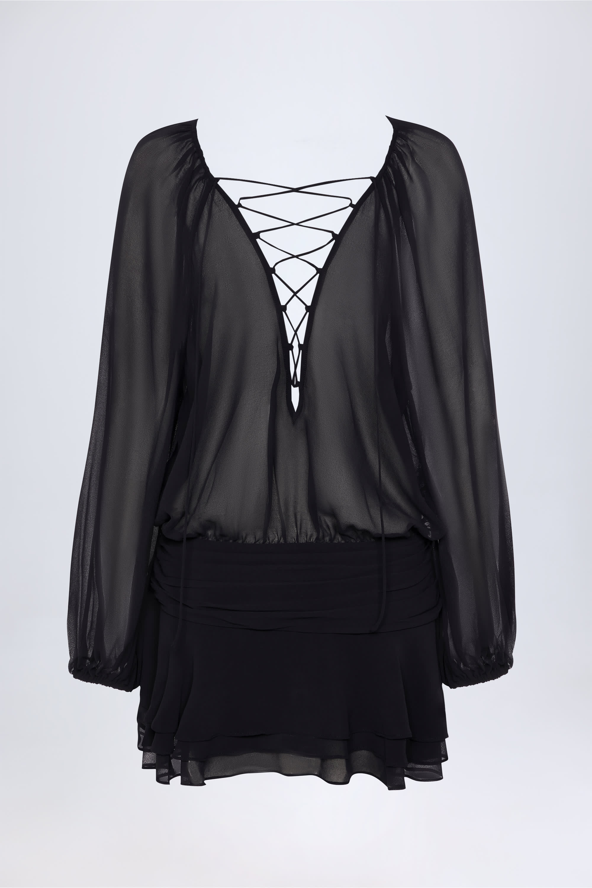 Lace-Up Balloon-Sleeve Mini Dress in Black