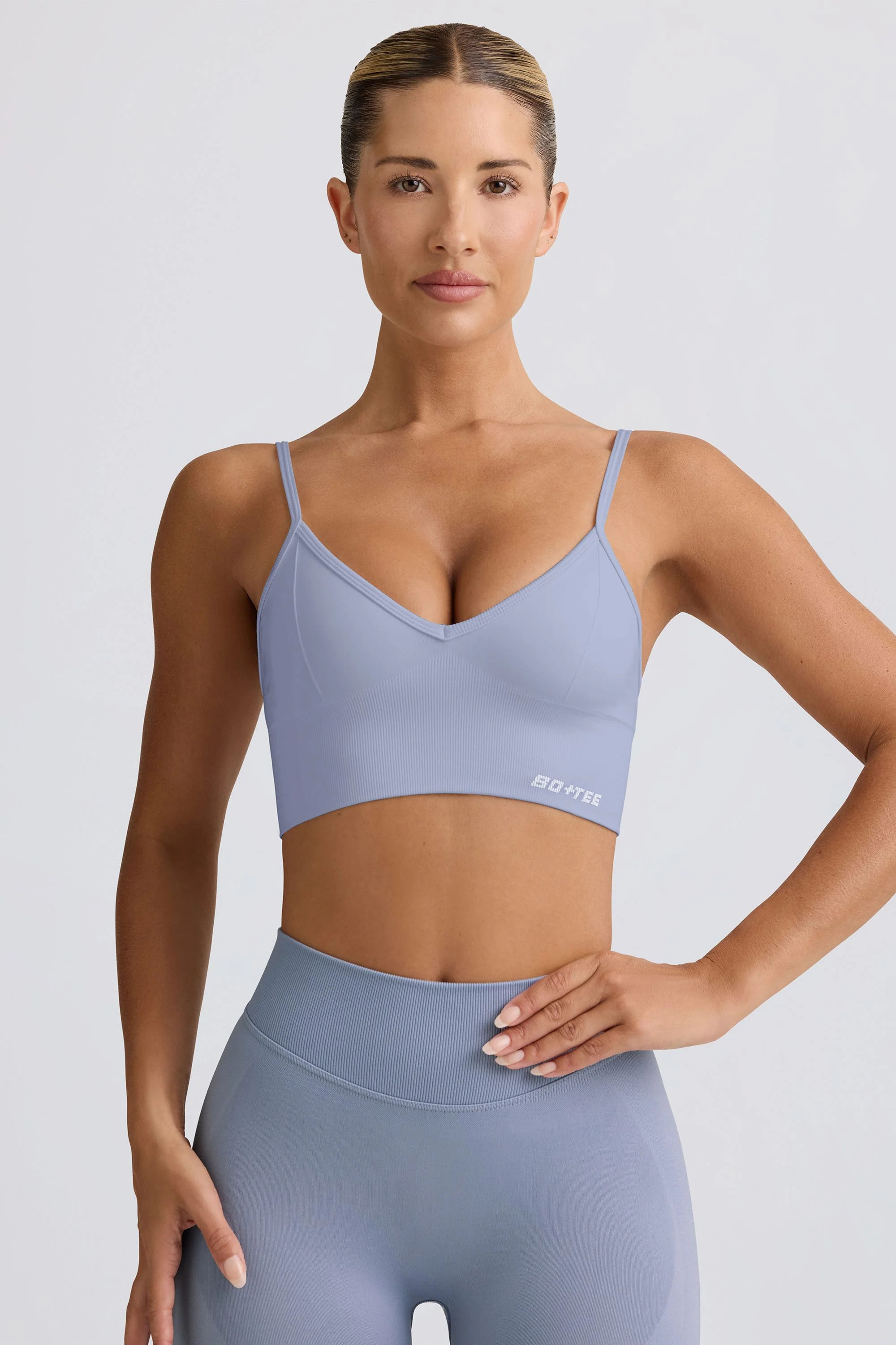 Define Luxe V-Neck Sports Bra in Blue Grey