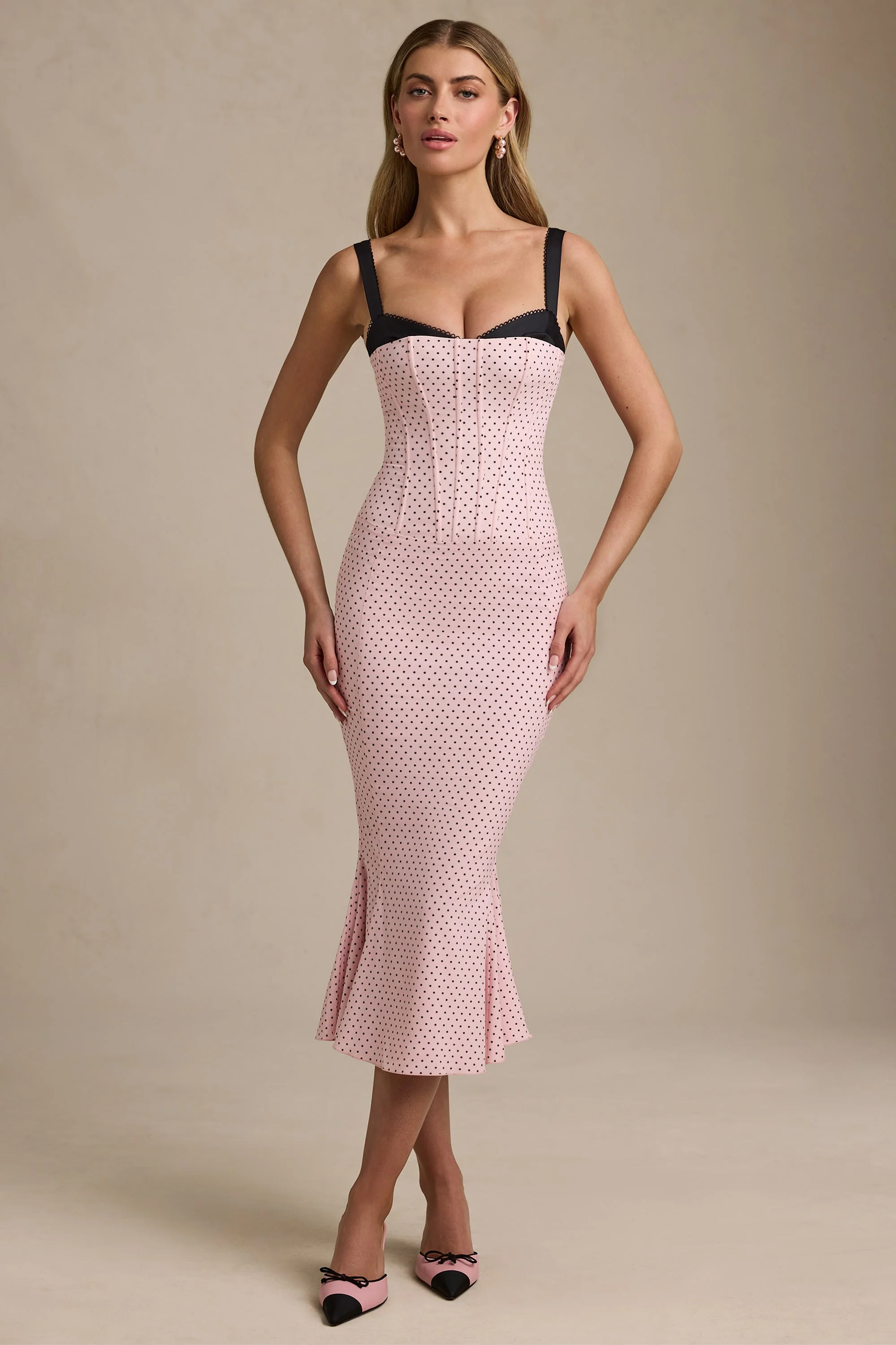 Layered Bra-Detail Fishtail Midaxi Dress in Pink Polka Dot