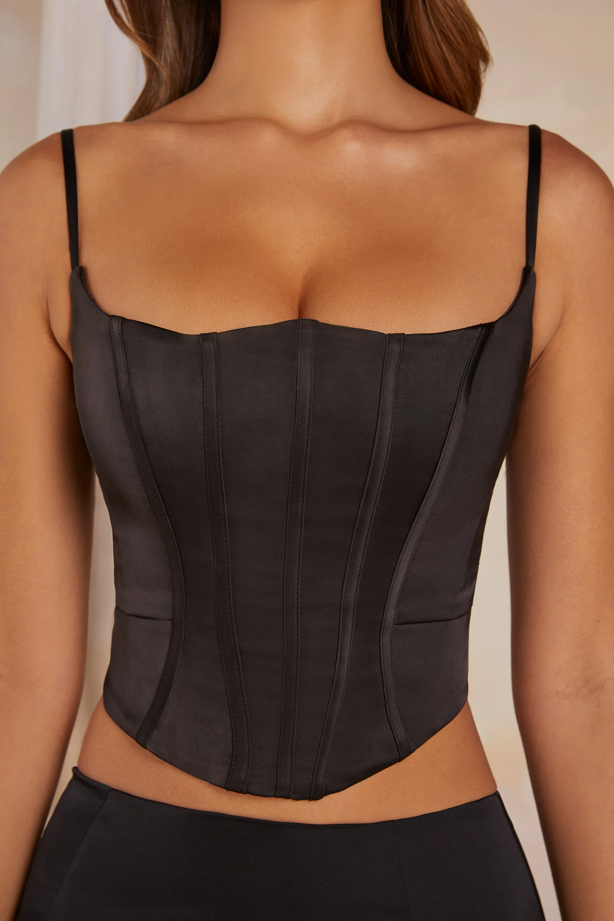 Lace Up Back Satin Corset Top in Black