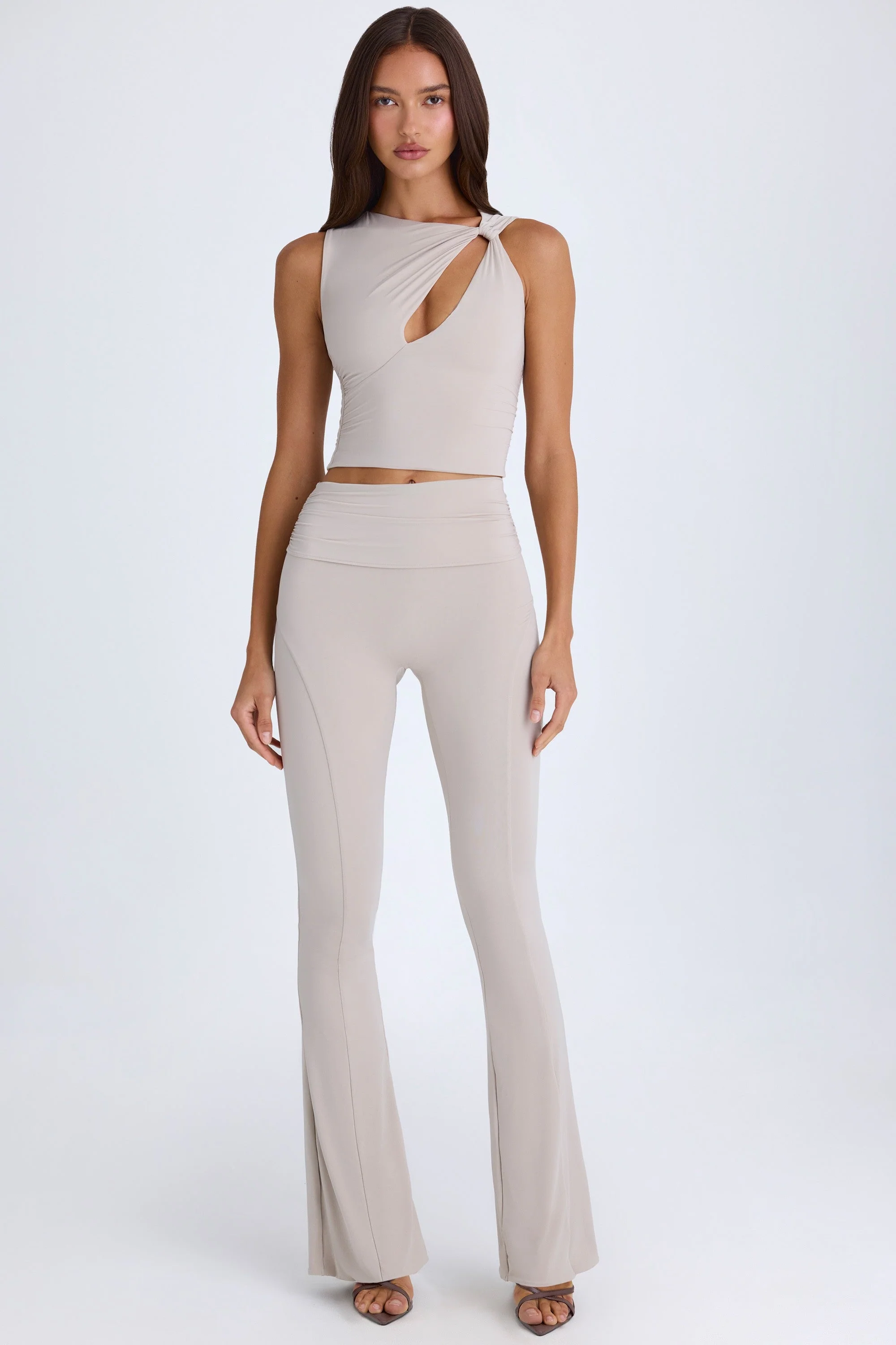 Foldover Flared Trousers in Taupe