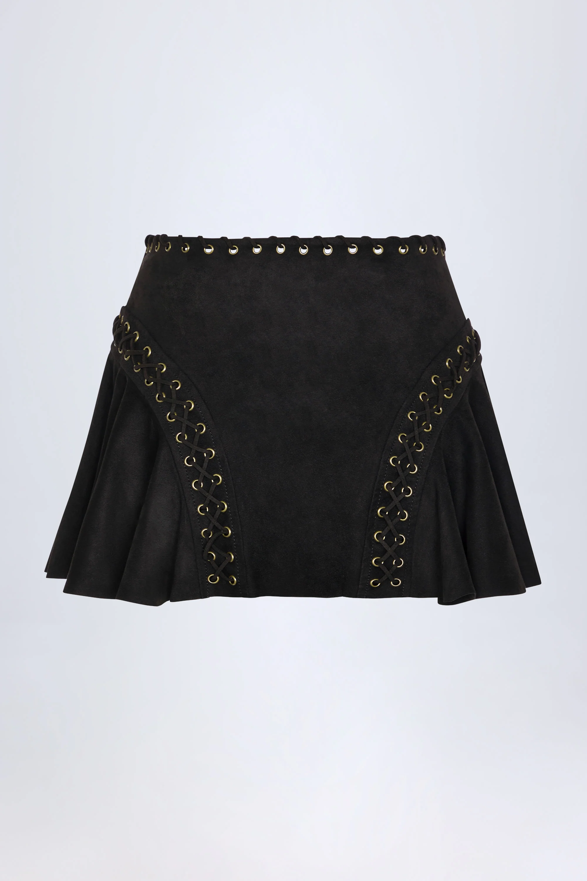 Lace-Up Mid-Rise Mini Skirt in Black