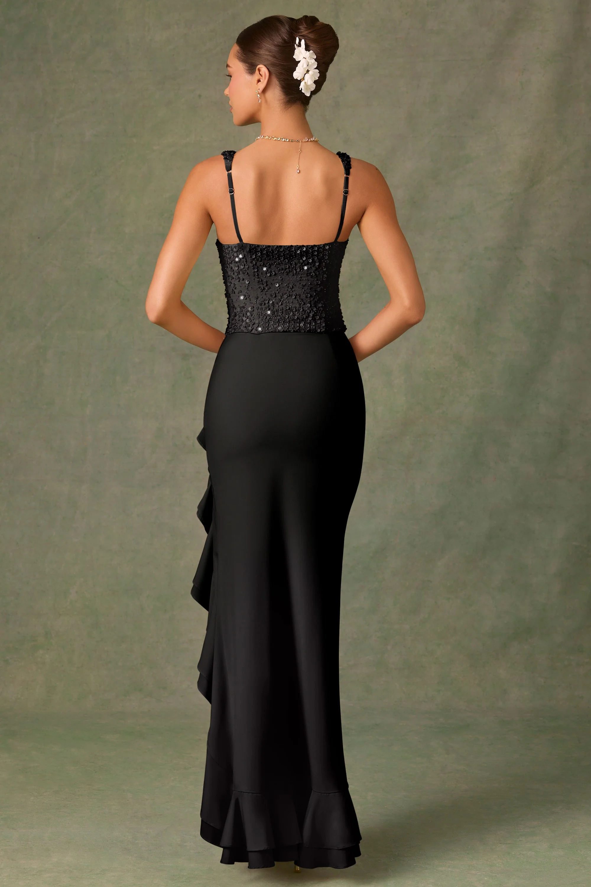 Embellished Ruffle-Trim Corset Gown in Black