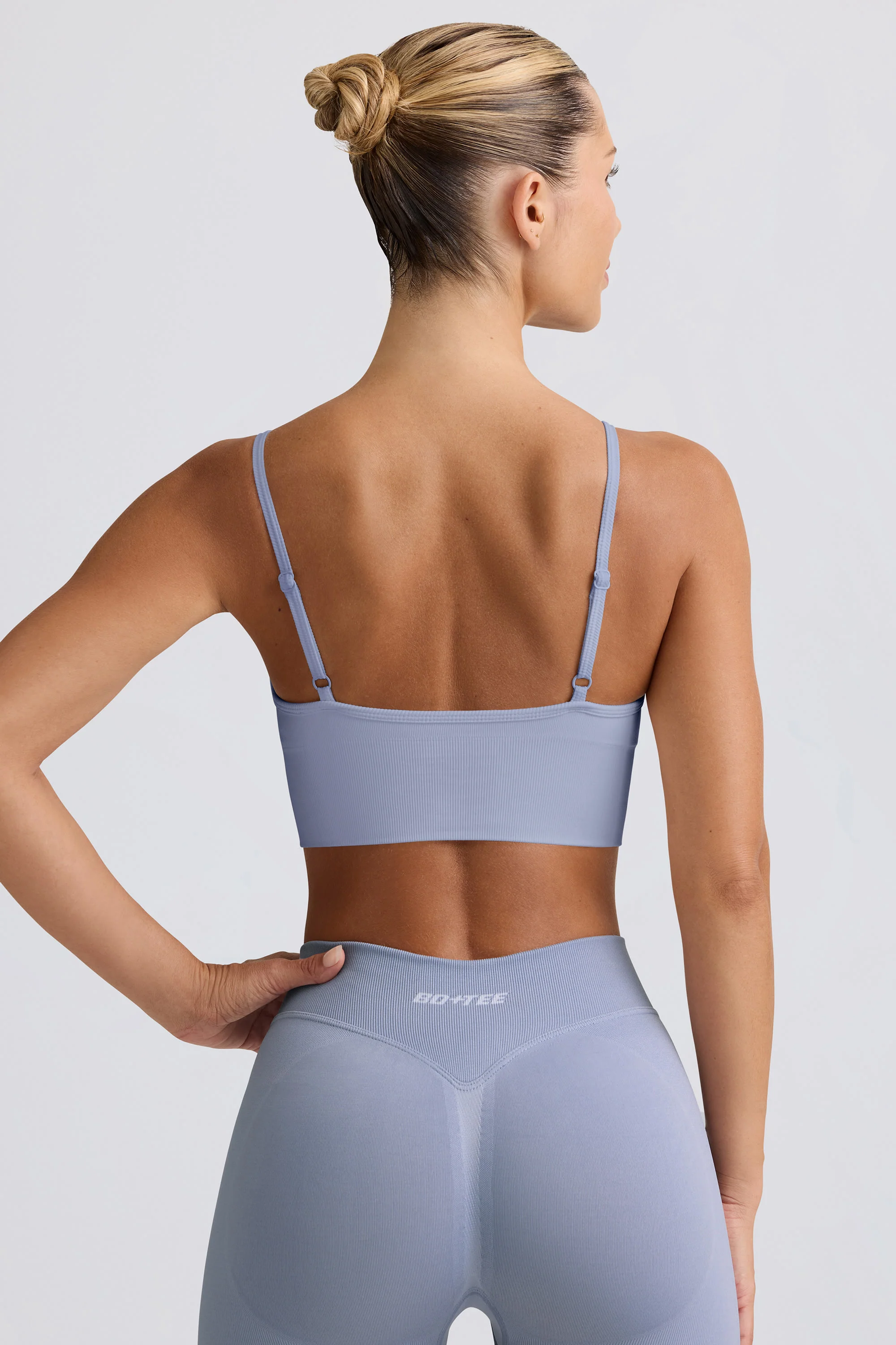 Define Luxe V-Neck Sports Bra in Blue Grey