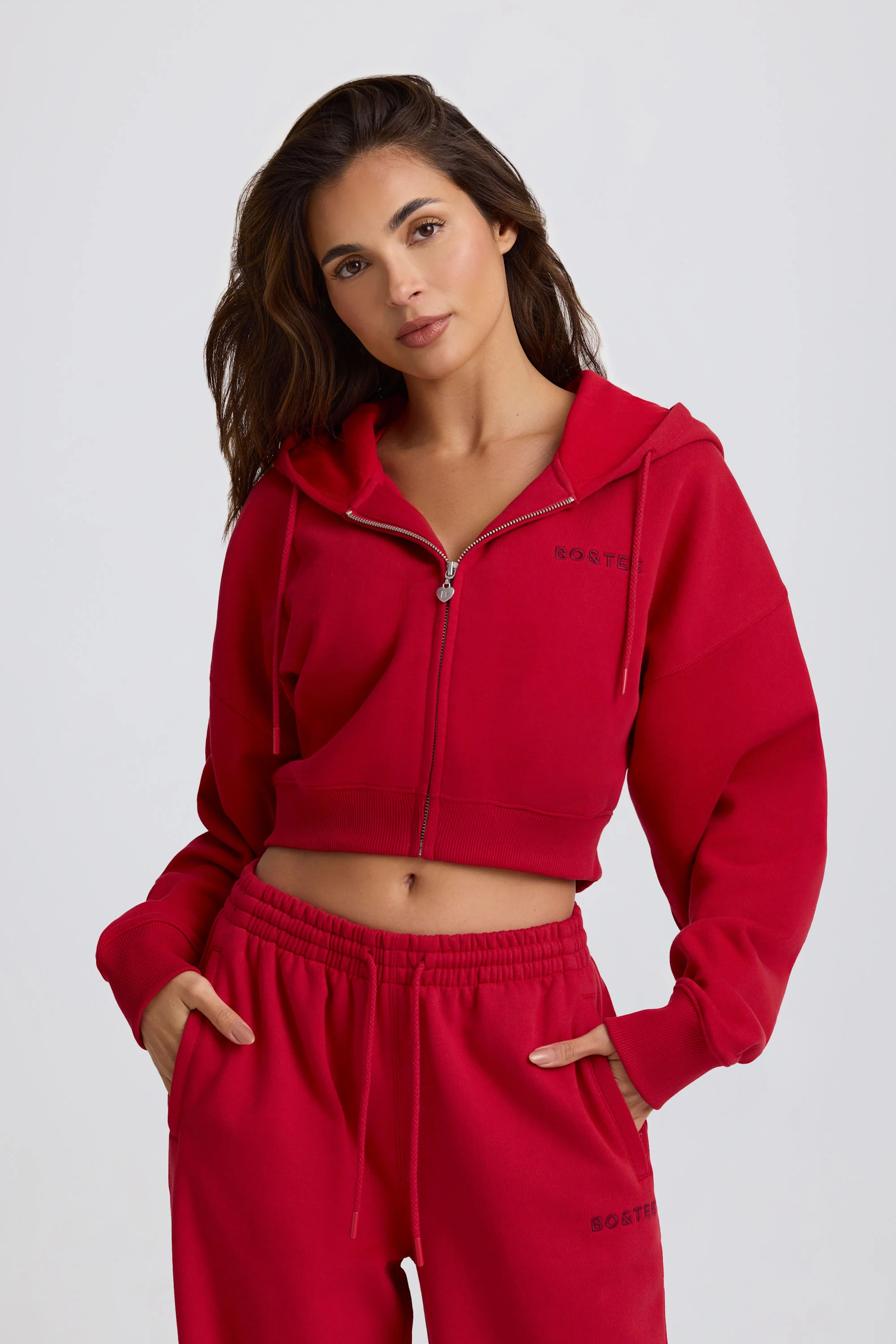 Cropped Zip-Up Hoodie in Hot Red