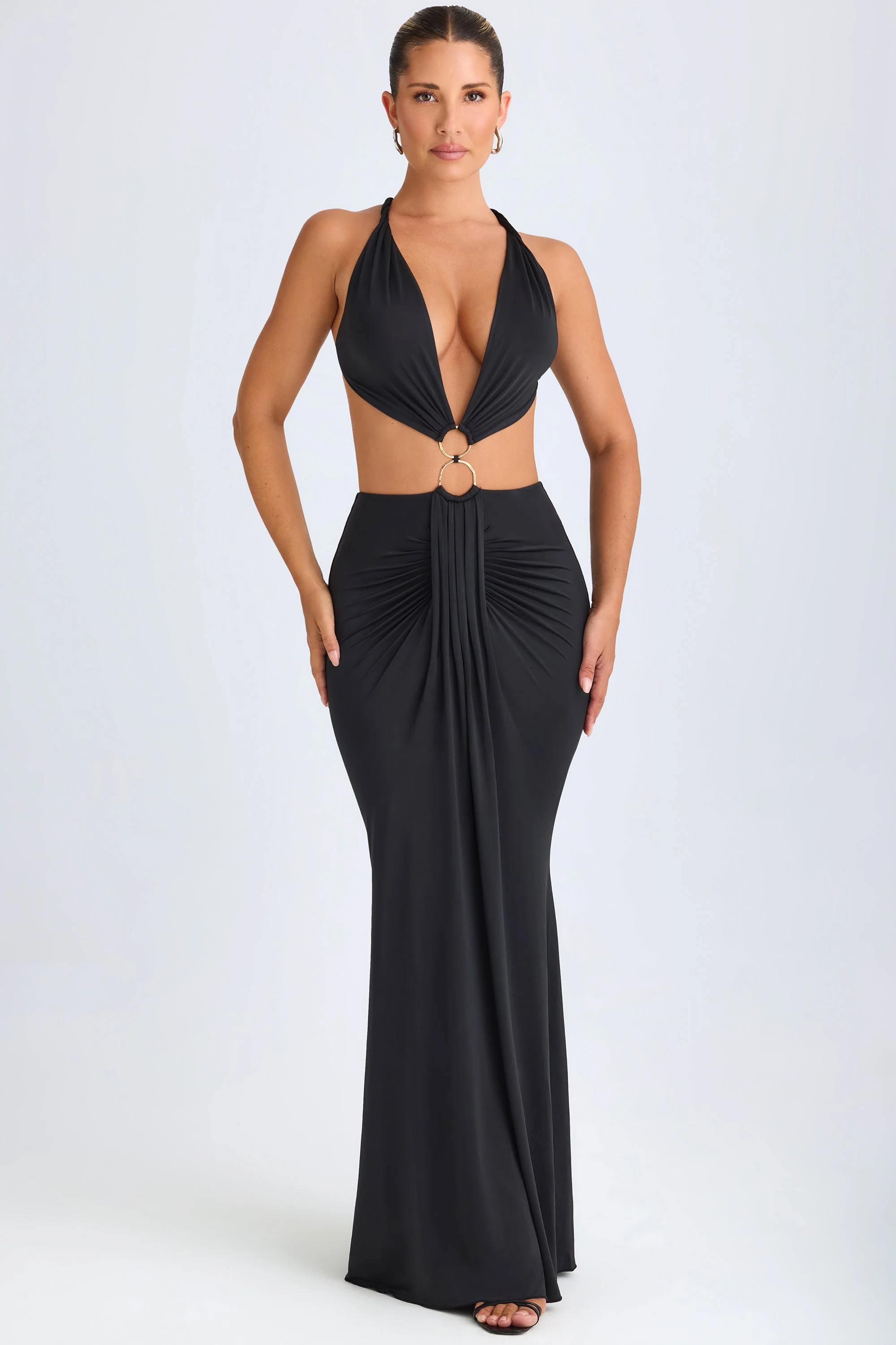 Hardware Detail Cut-Out Halterneck Maxi Dress in Black
