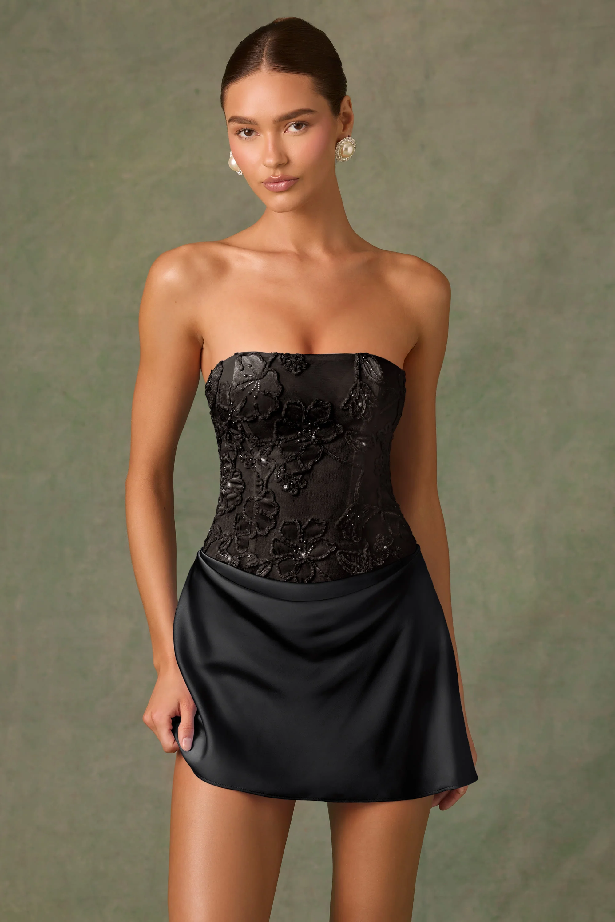 Embellished Draped Strapless A-Line Mini Dress in Black