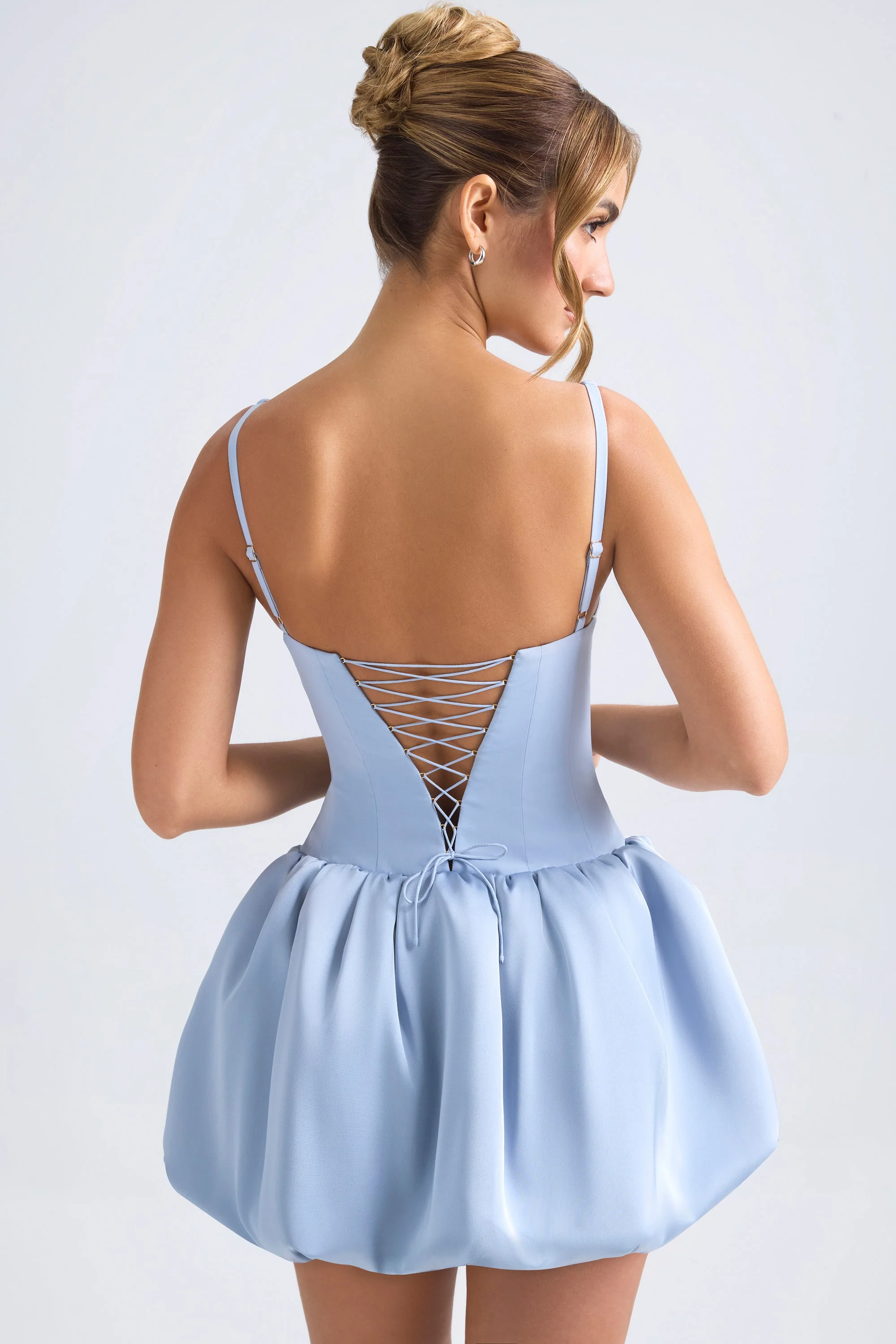 Lace-Up Bubble Hem Corset Micro Mini Dress in Light Blue