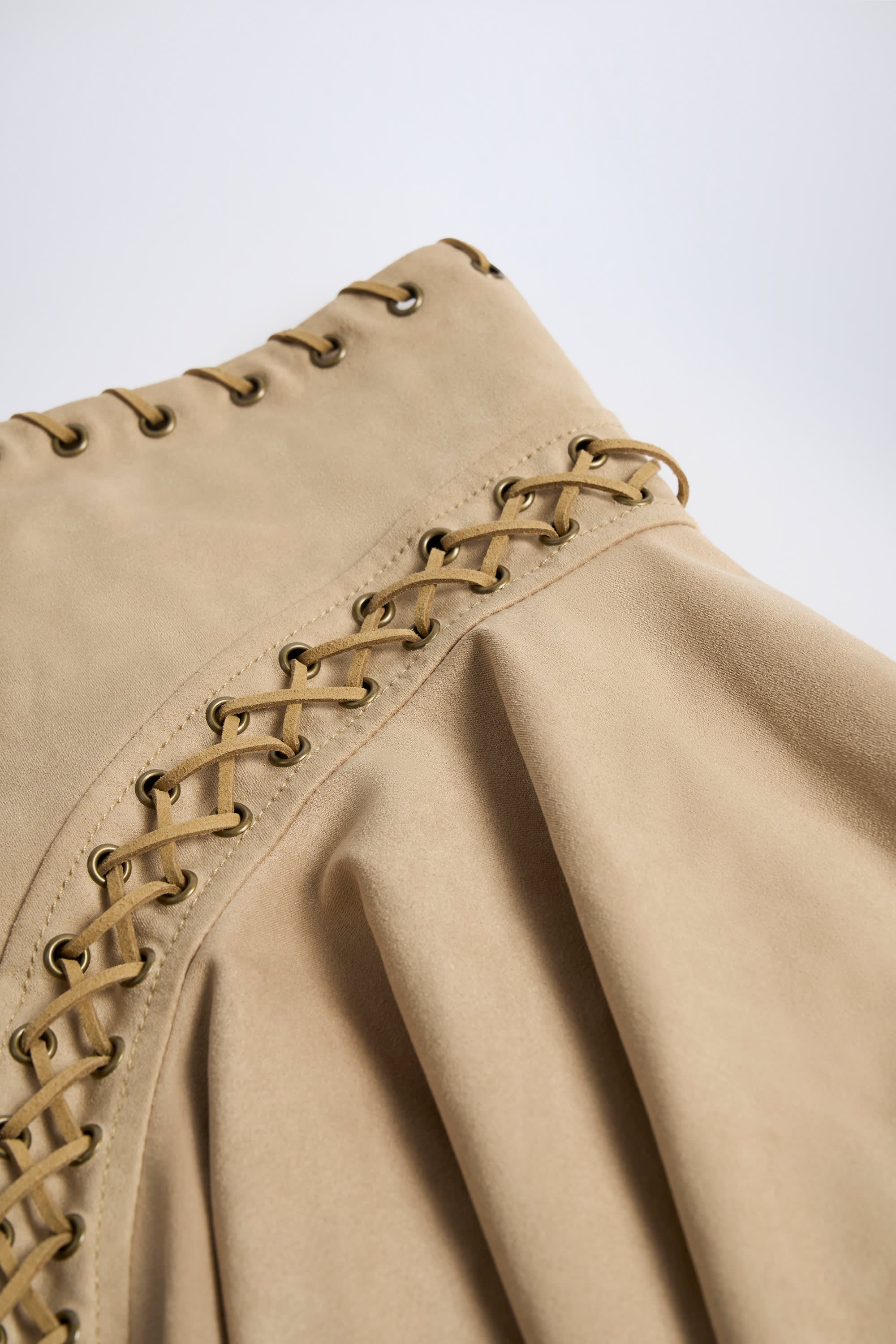 Lace-Up Mid-Rise Mini Skirt in Tan