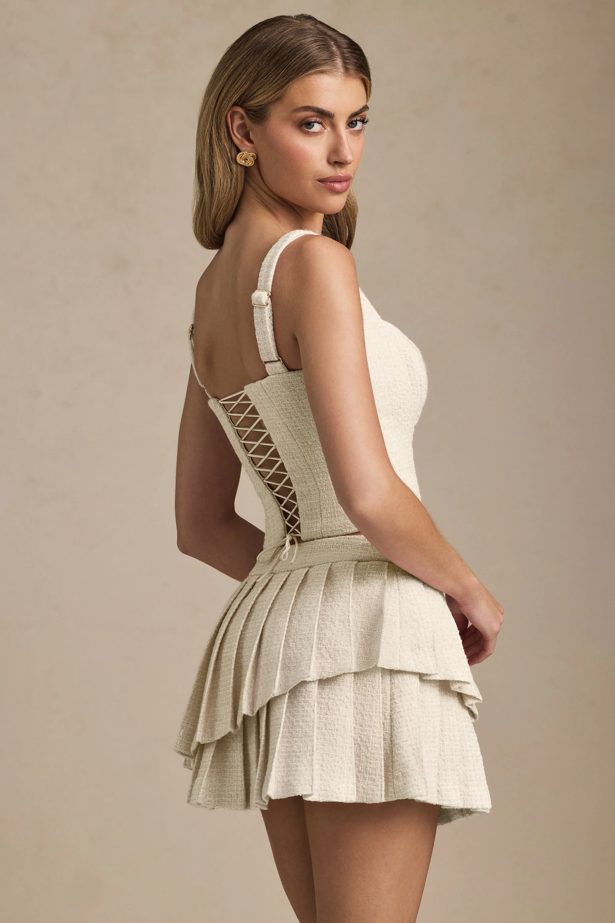 Layered Pleated Low-Rise Mini Skirt in Ivory