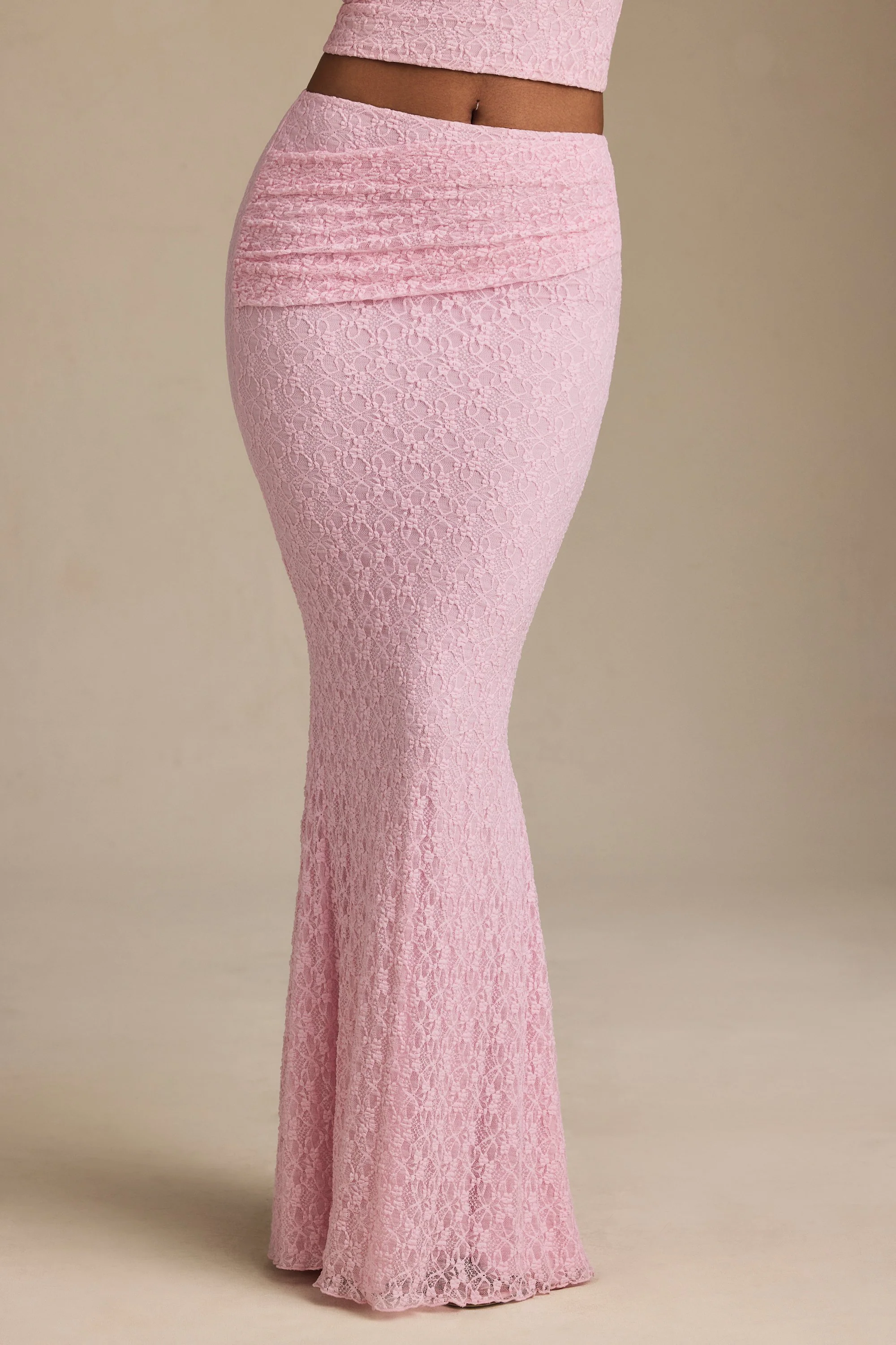 Draped Low-Rise Lace Maxi Skirt in Soft Pink