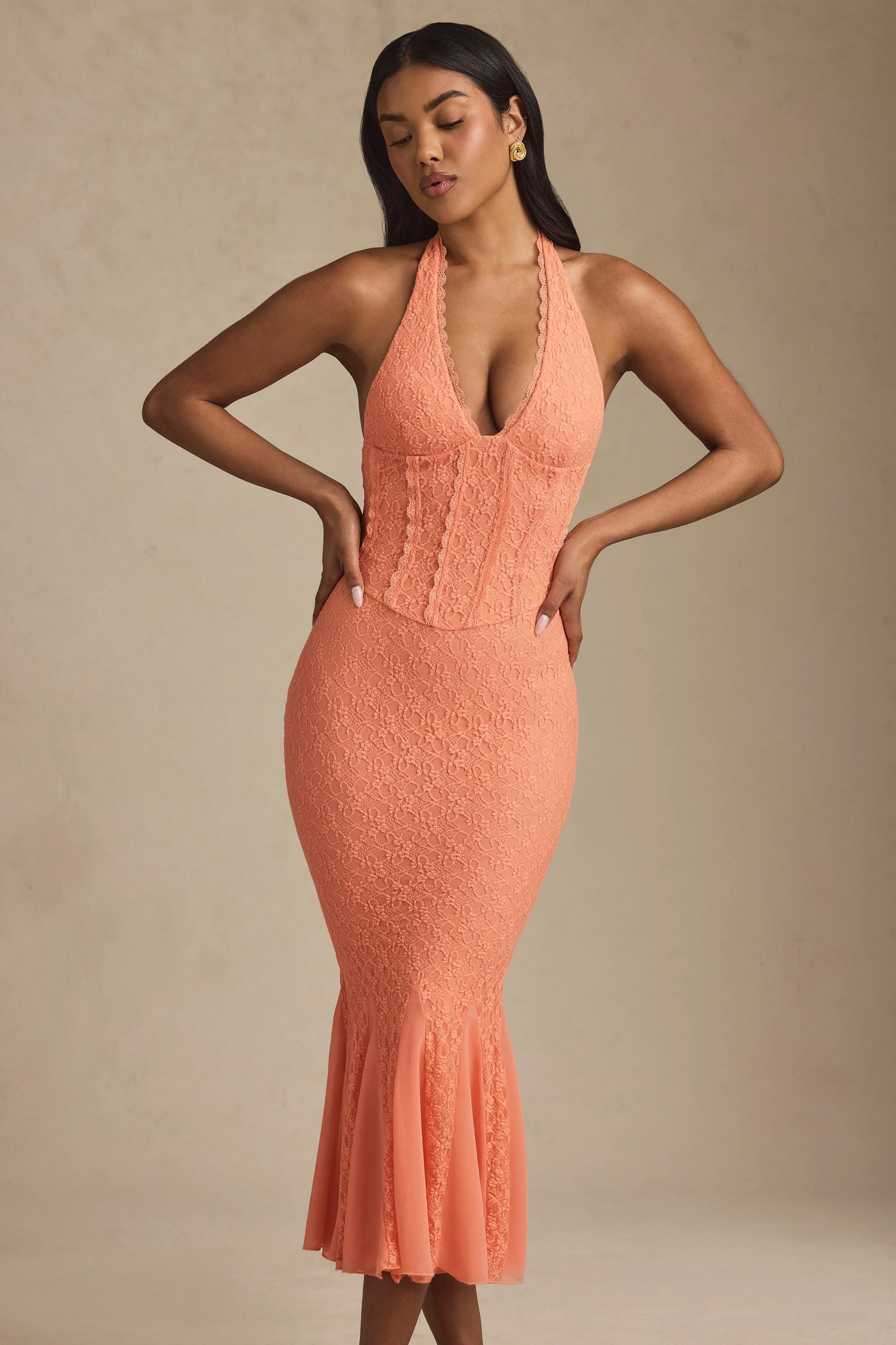 Halterneck Corset Lace Midaxi Dress in Peach