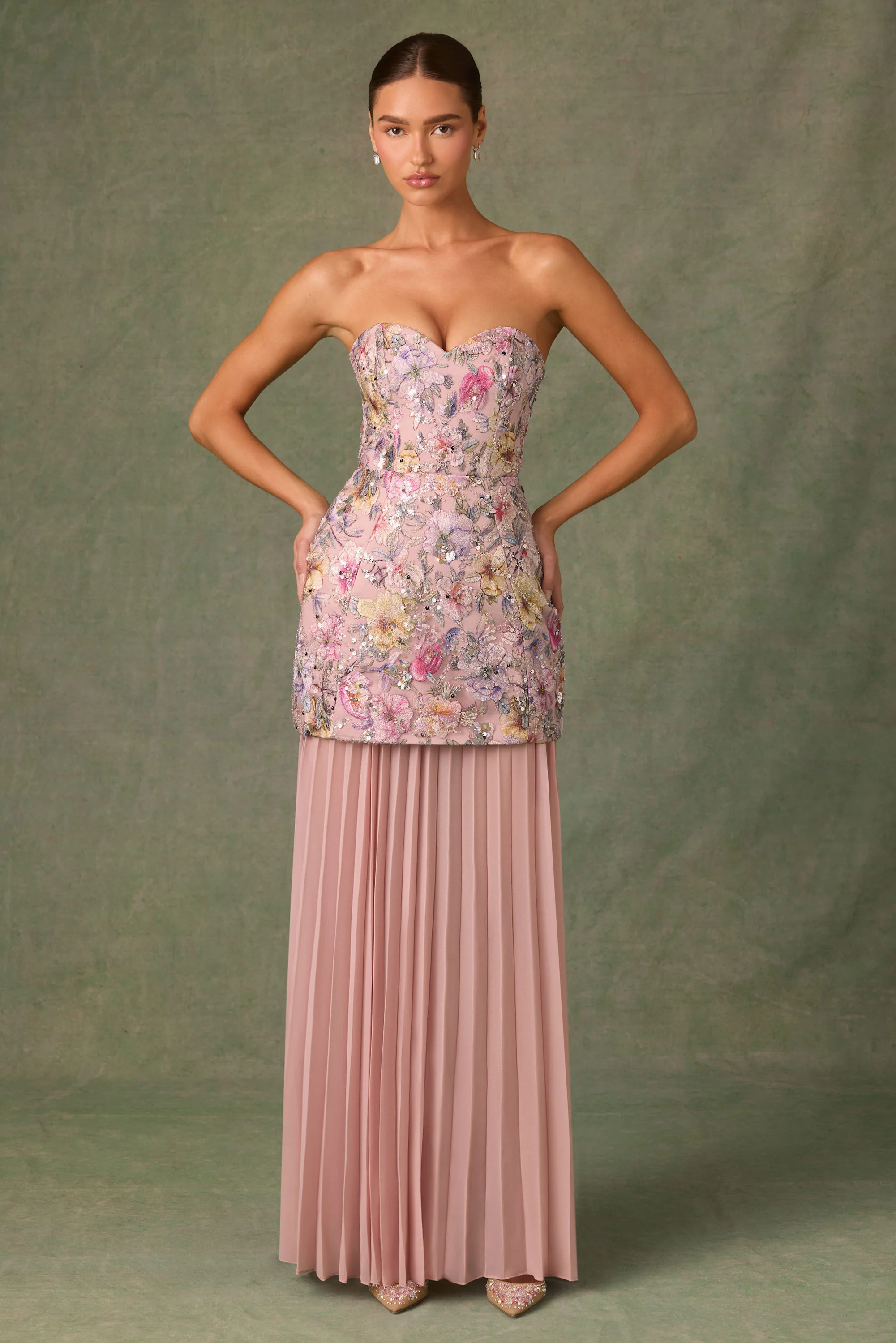 Embellished Convertible Lace-Up Gown in Floral Pink