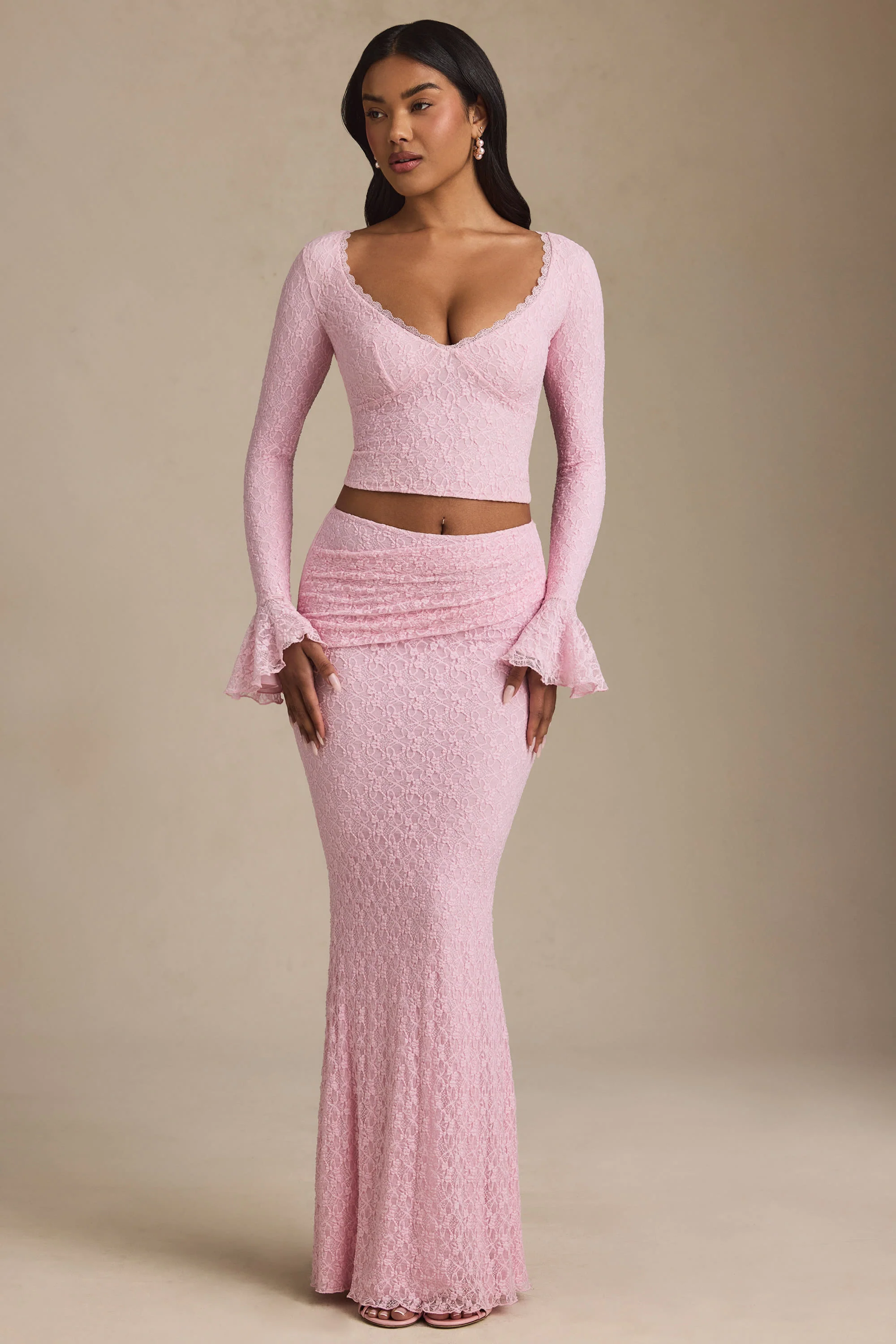 Draped Low-Rise Lace Maxi Skirt in Soft Pink