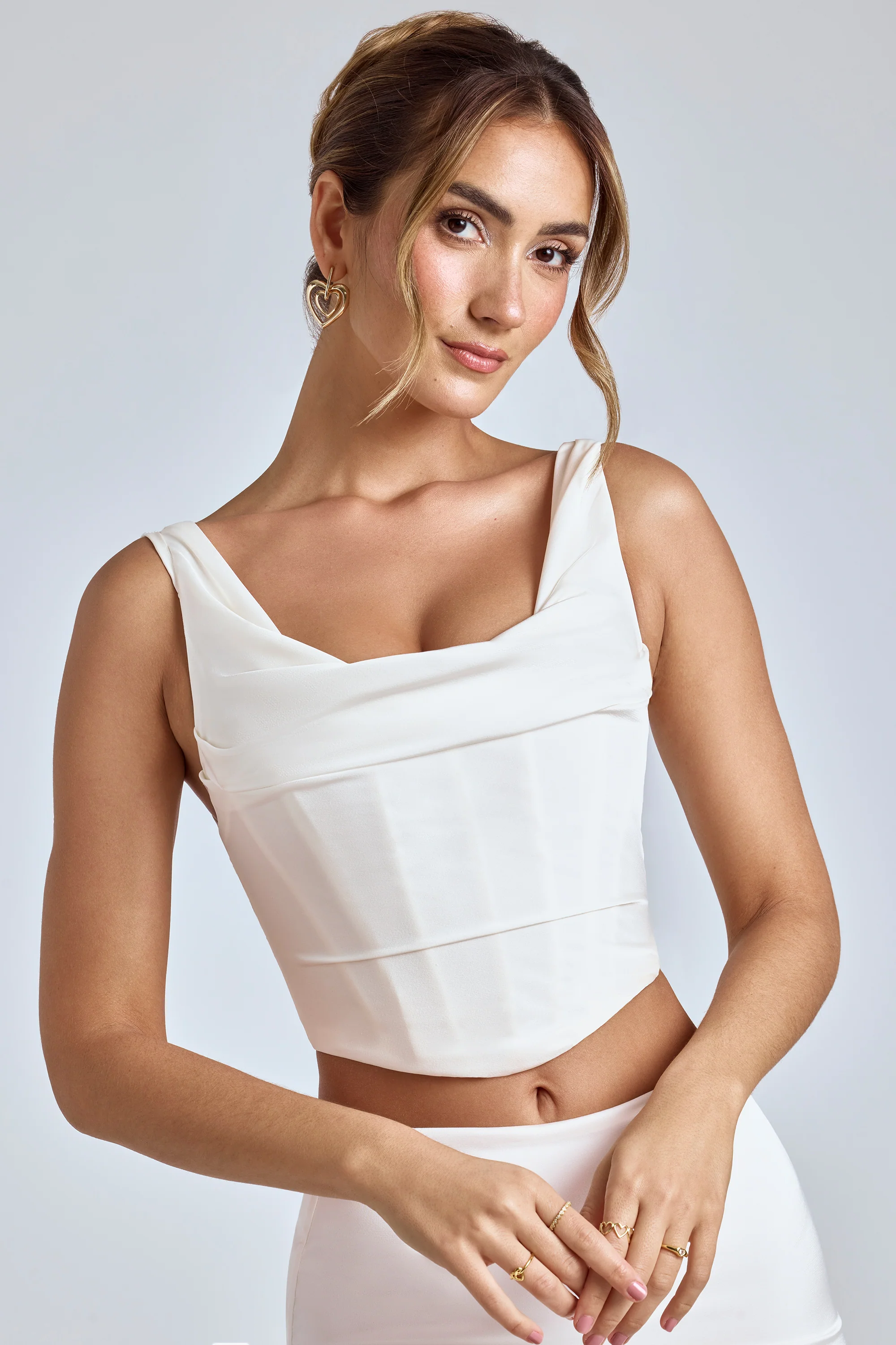 Draped Cowl Corset Top in White