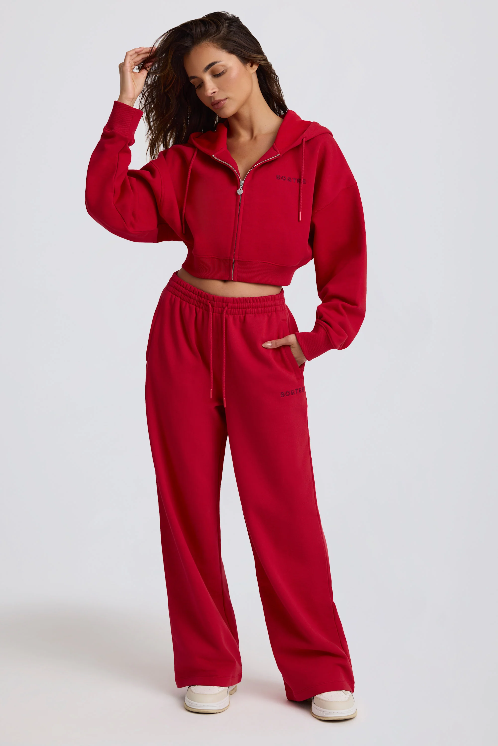 Cropped Zip-Up Hoodie in Hot Red