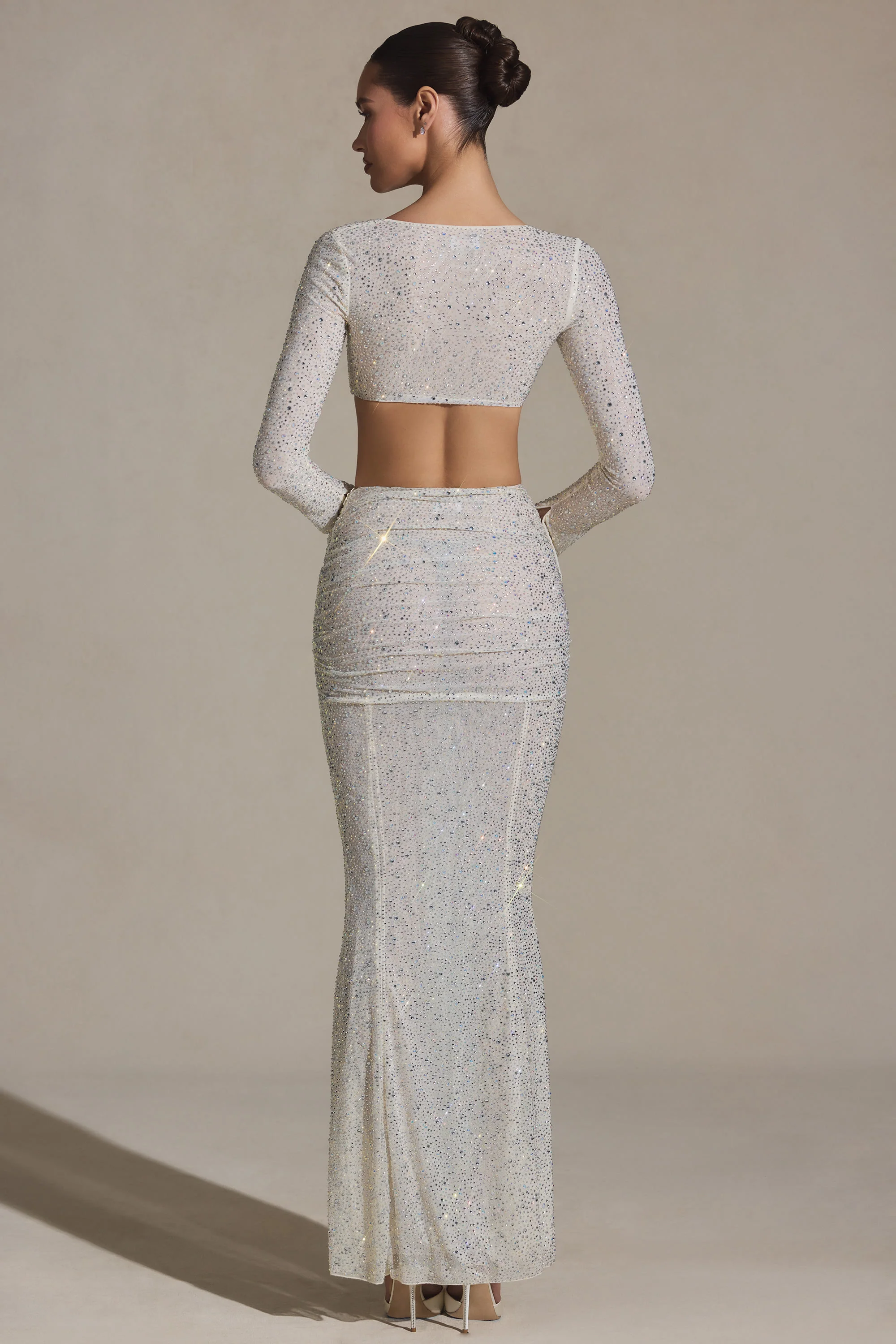 Embellished Ruched Maxi Skirt in White