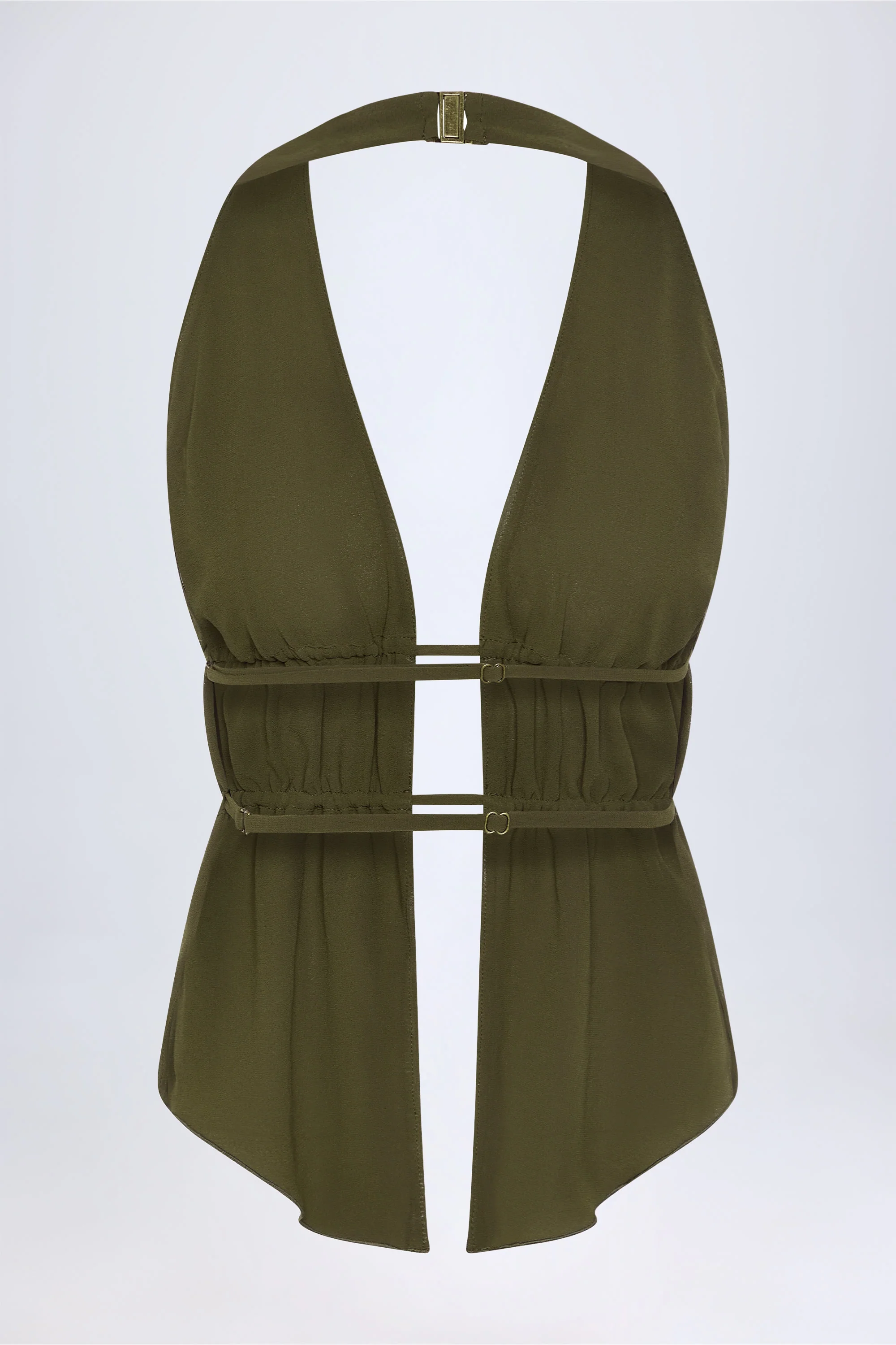 Cut-Out Semi-Sheer Ruched Halterneck Crop Top in Dark Khaki