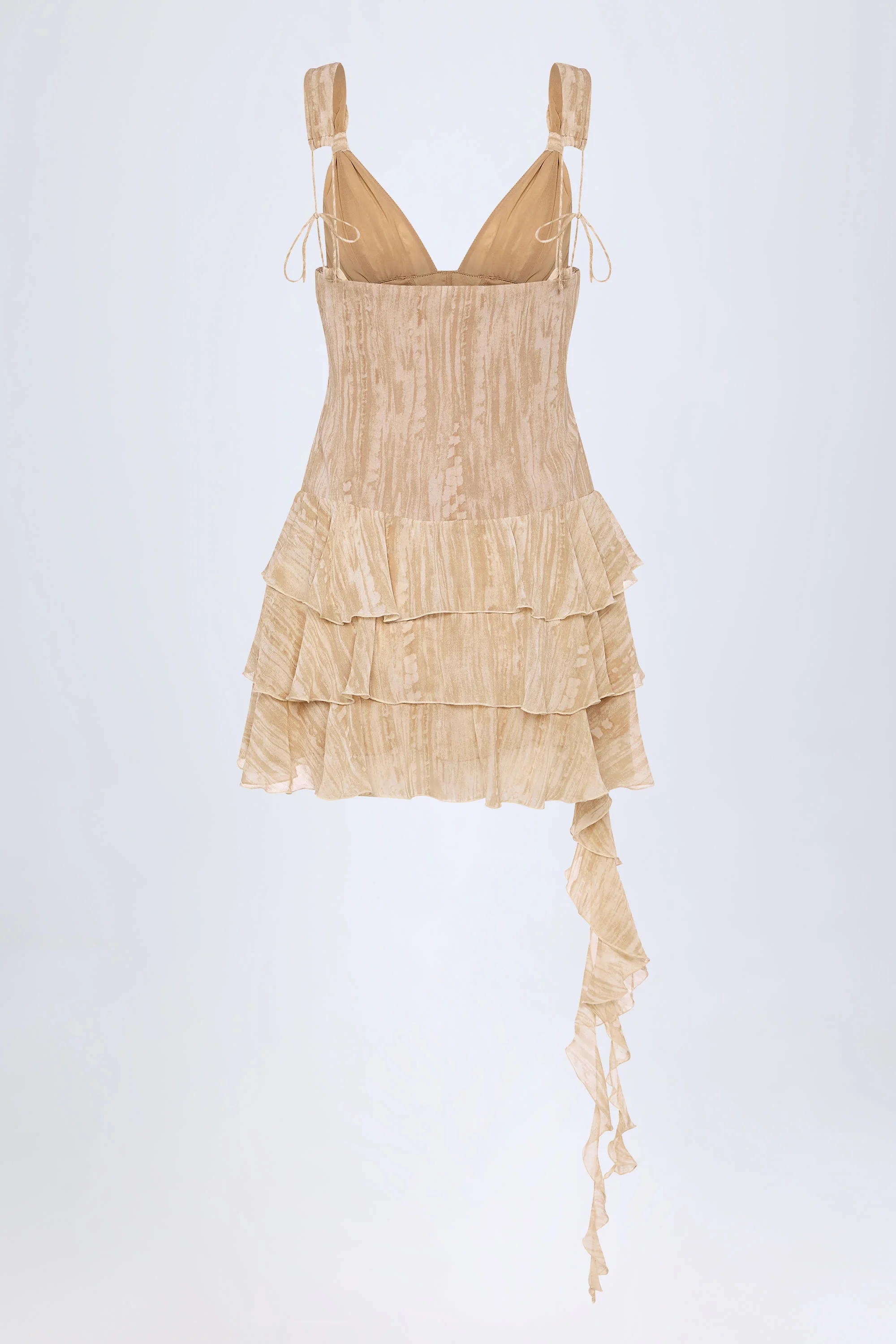 Lace-Up Ruffled Tiered Mini Dress in Tan Print
