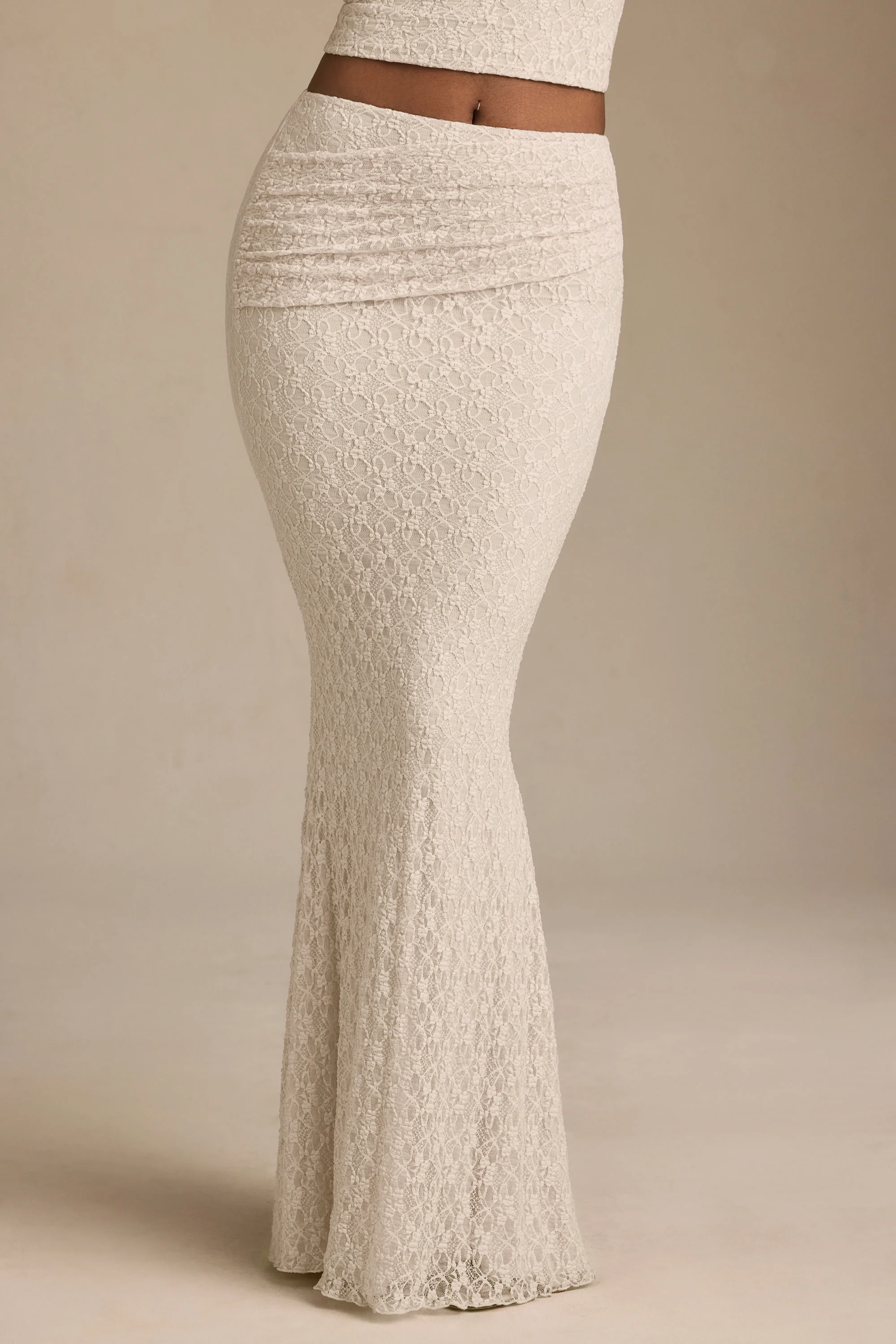 Draped Low-Rise Lace Maxi Skirt in Ivory