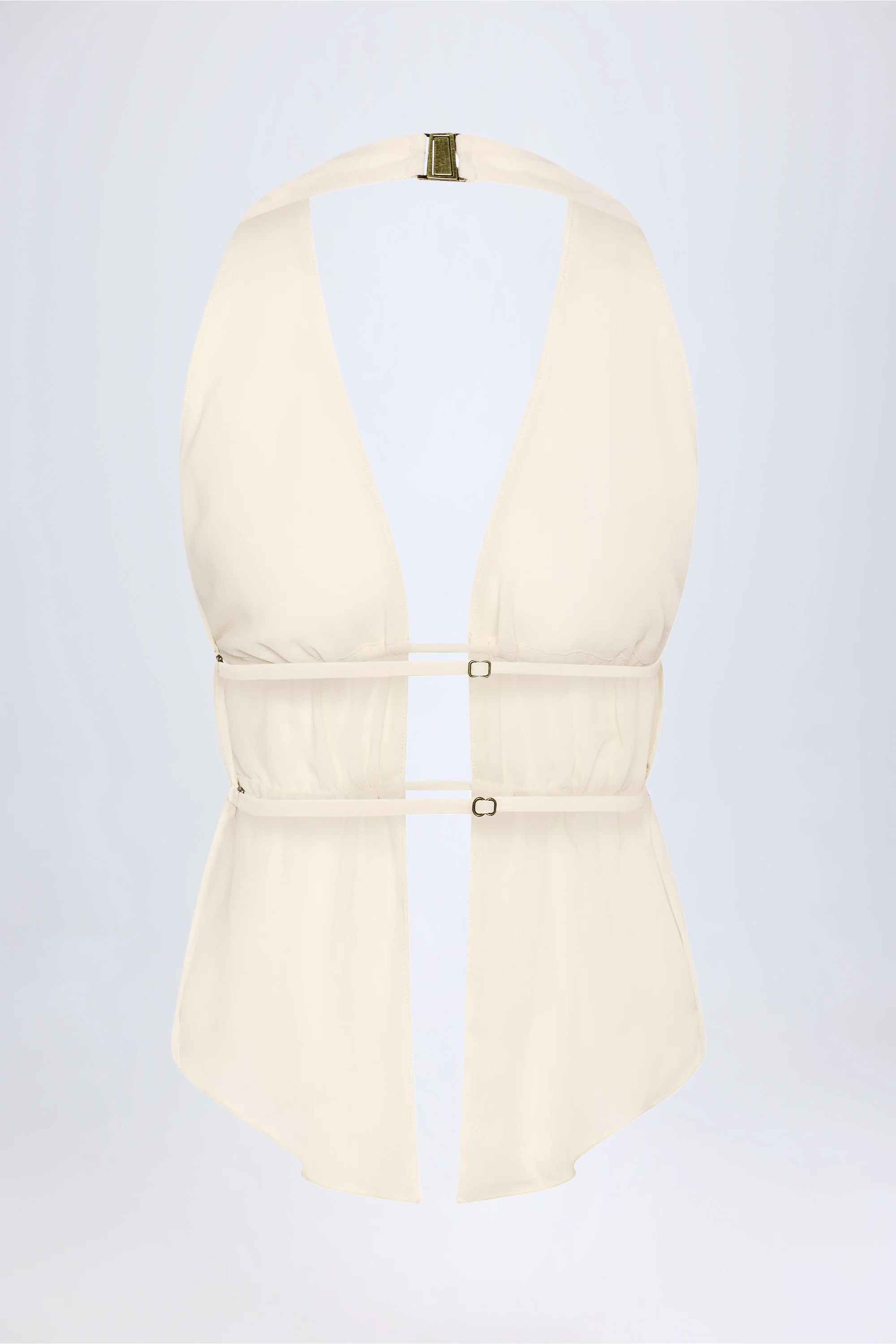 Cut-Out Semi-Sheer Ruched Halterneck Crop Top in Ivory