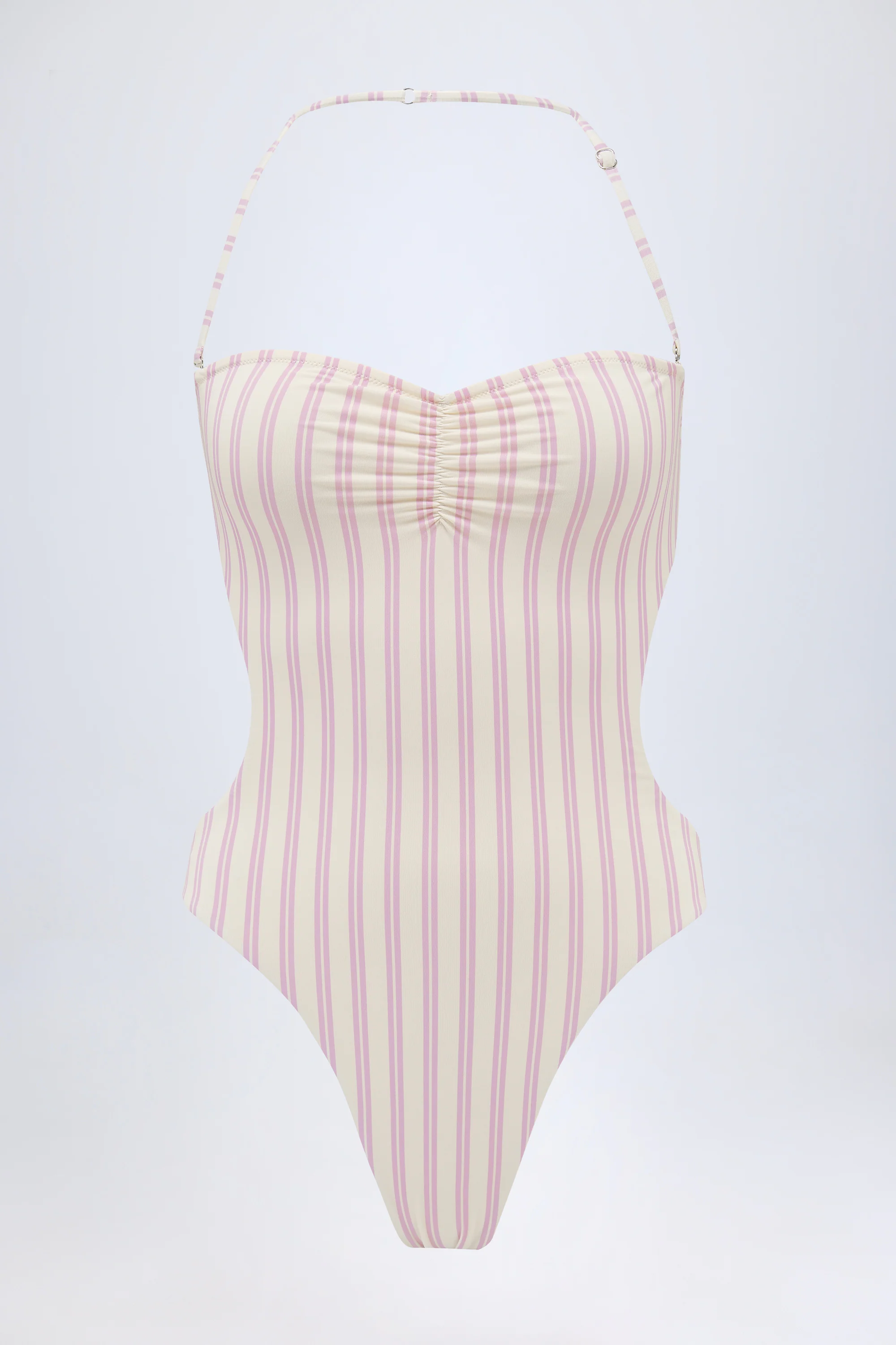 Cut-Out Halterneck Swimsuit in Mauve Double Stripe