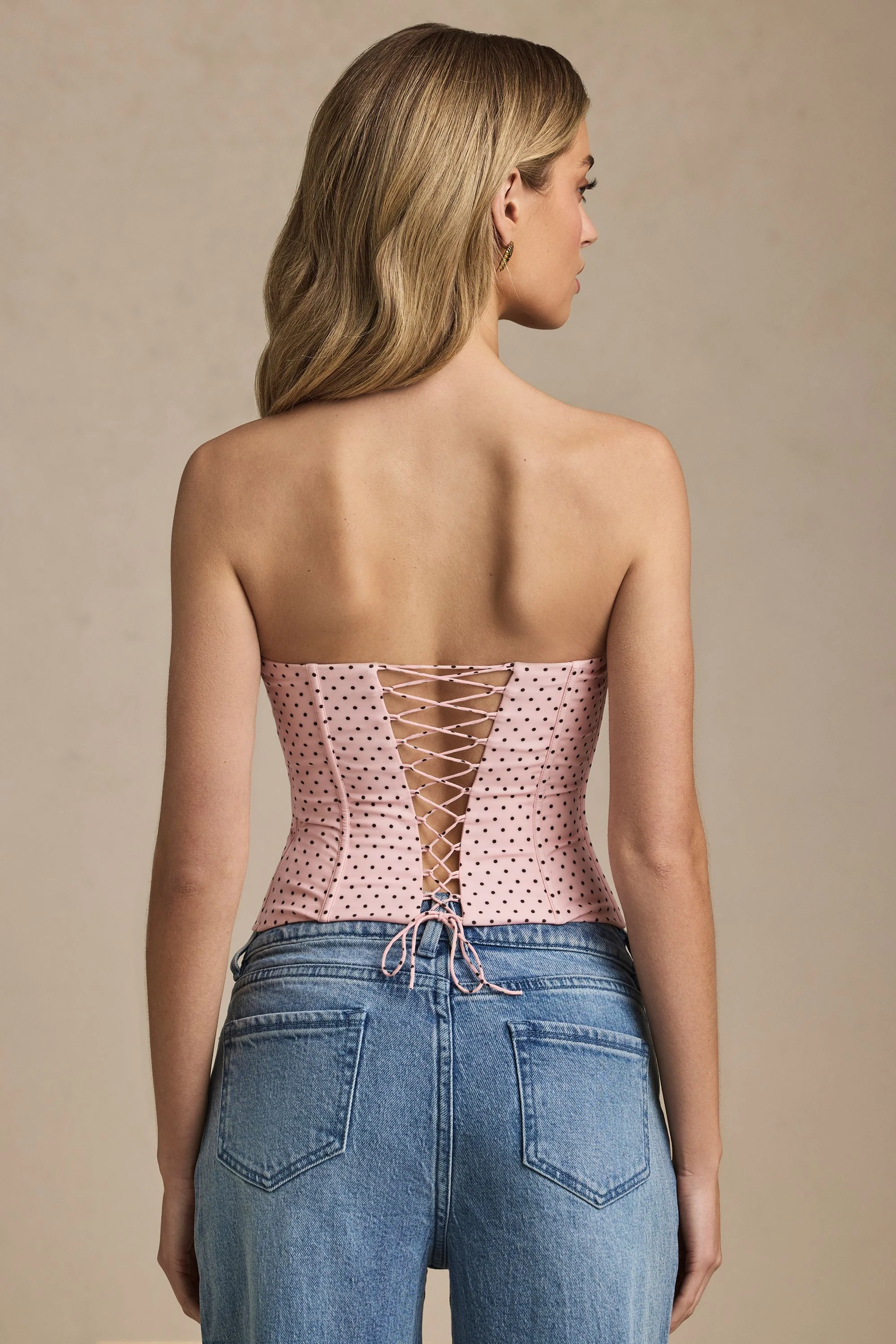 Lace-Up Strapless Corset Top in Pink Polka Dot