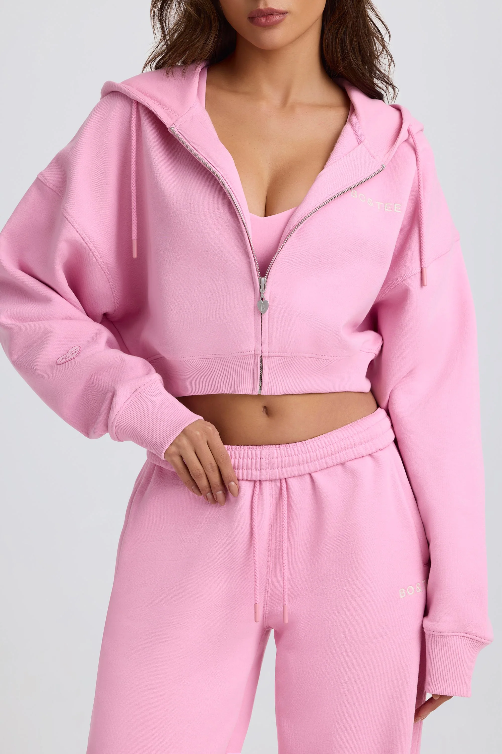 Cropped Zip-Up Hoodie in Baby Pink