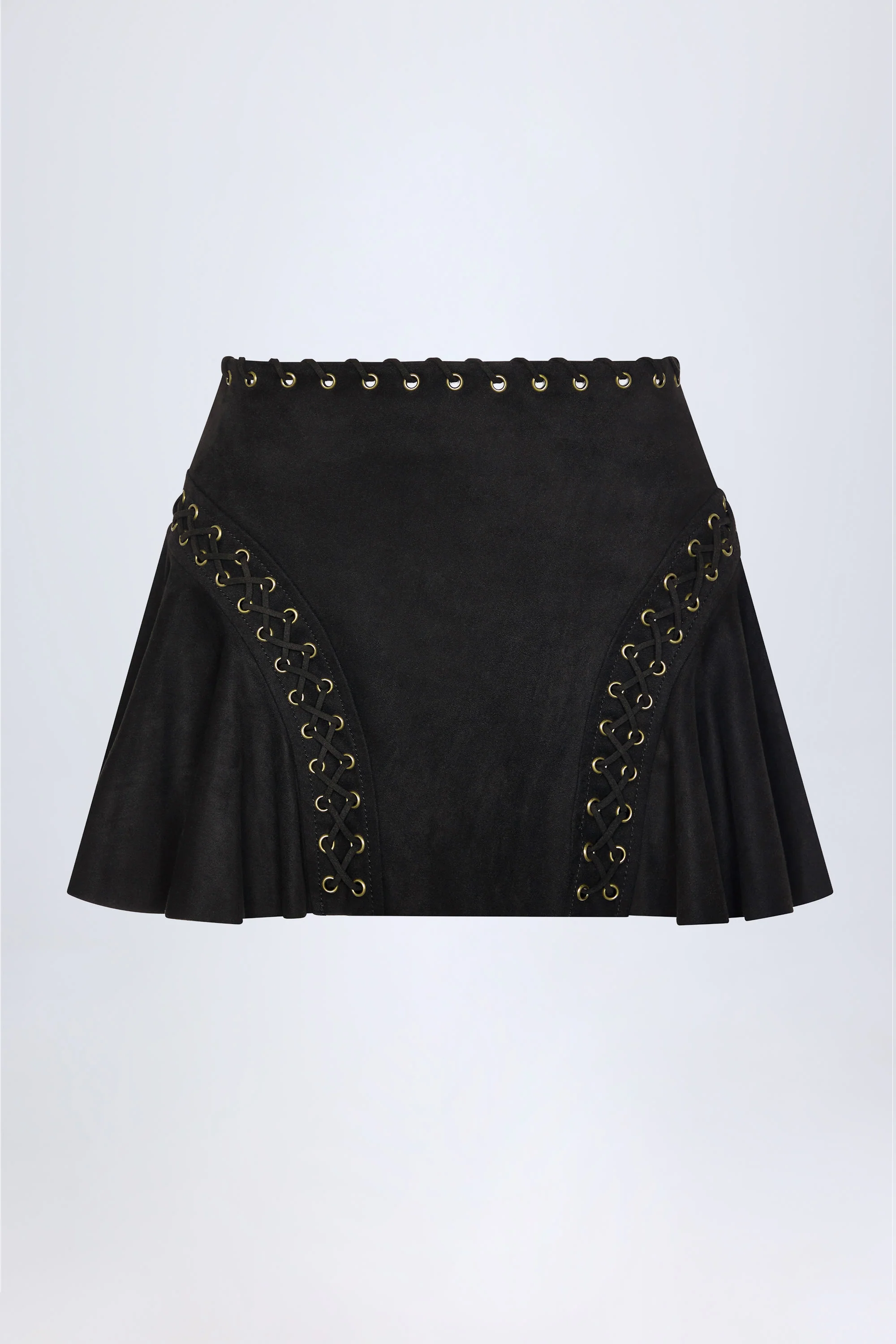 Lace-Up Mid-Rise Mini Skirt in Black