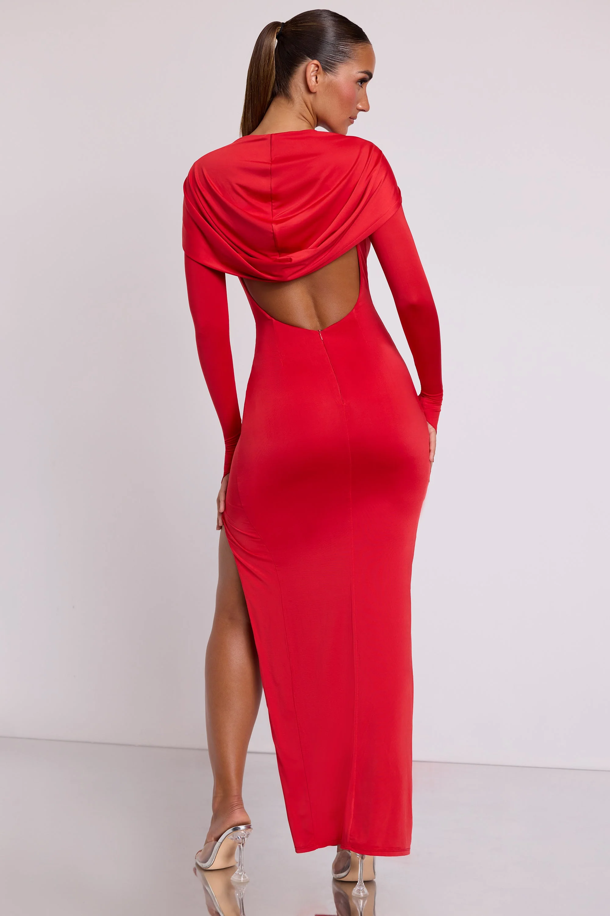 Hooded Long Sleeve Maxi Dress in Fire Red