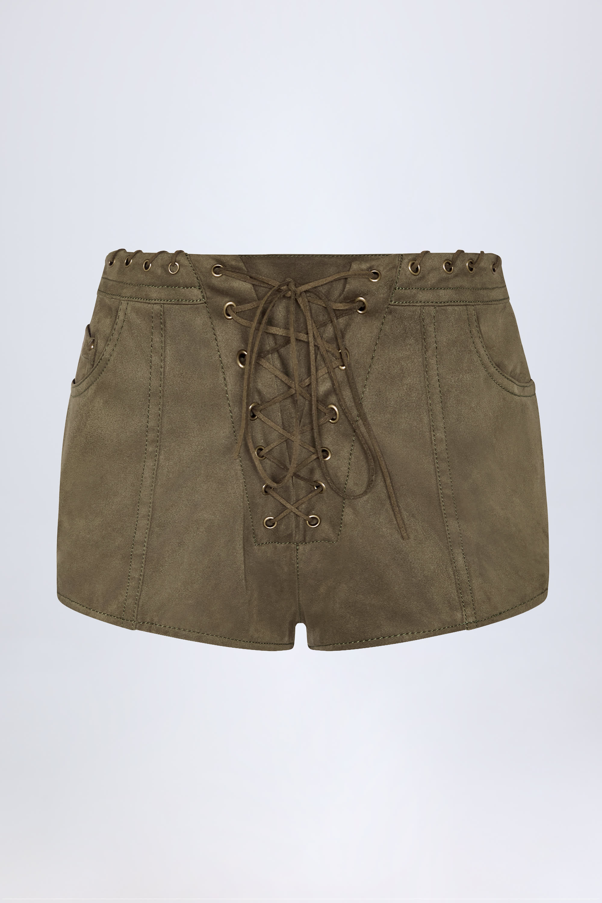 Lace-Up Mid-Rise Shorts in Dark Khaki