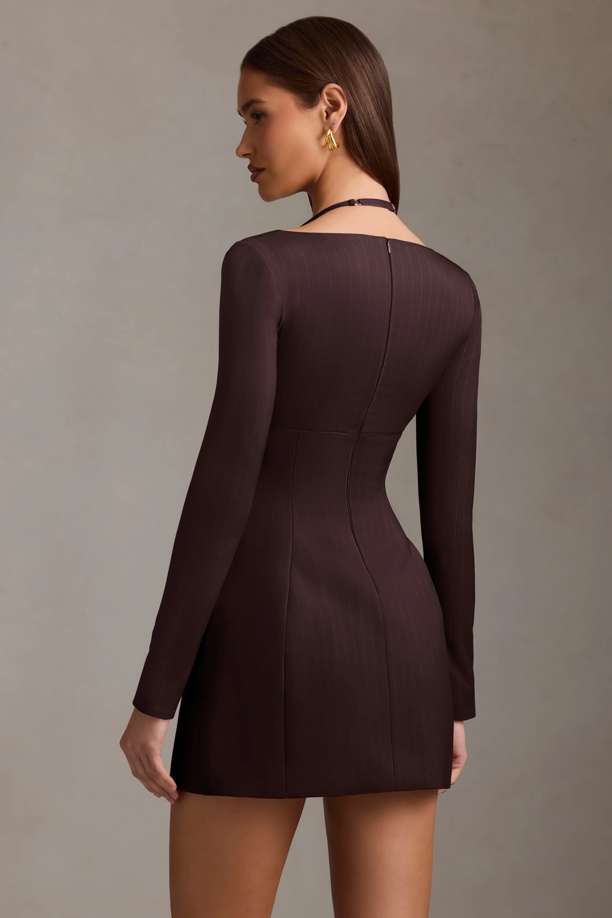 Pinstripe Structured A-Line Mini Dress in Chocolate Brown