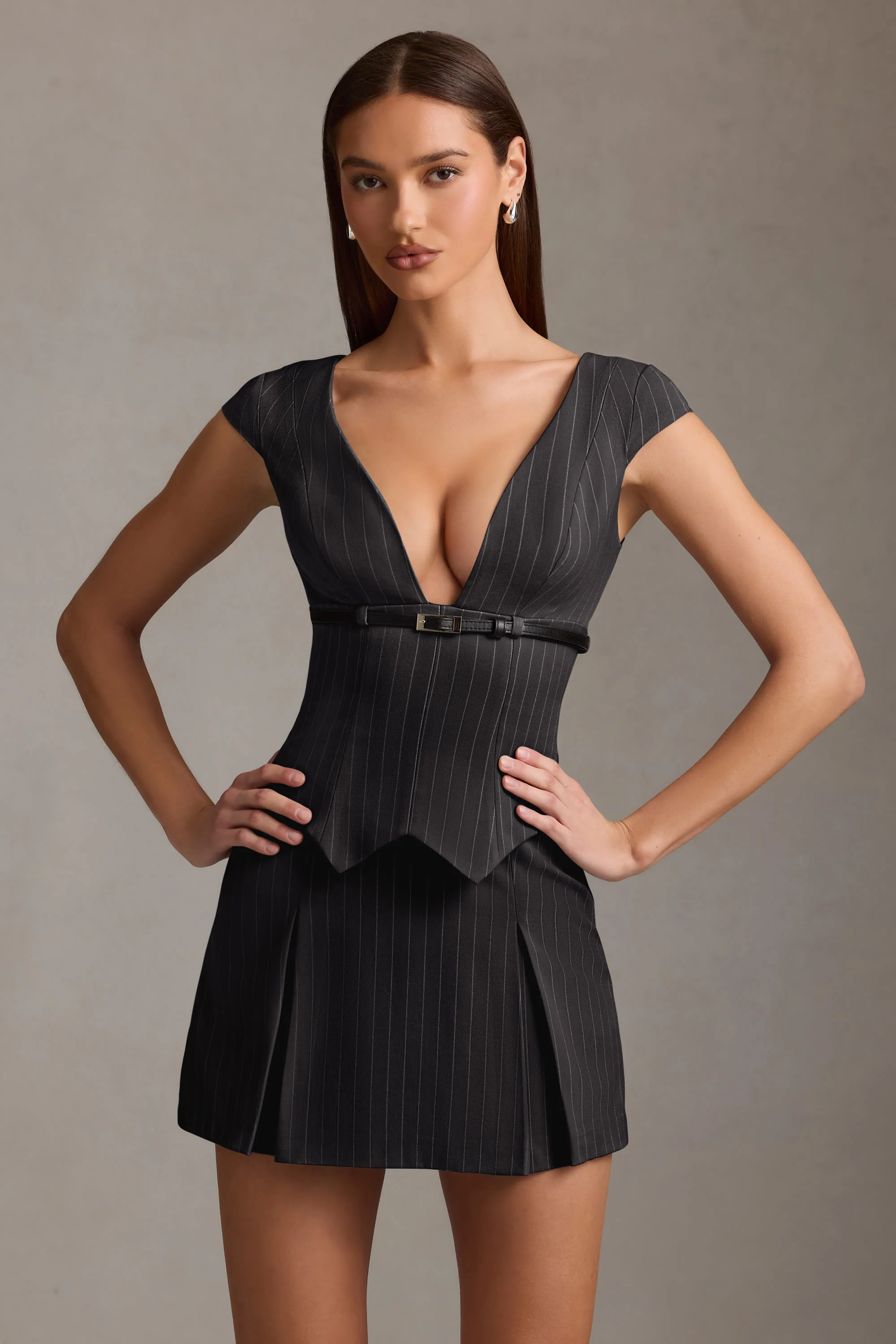 Pinstripe Pleated Waistcoat Mini Dress in Black