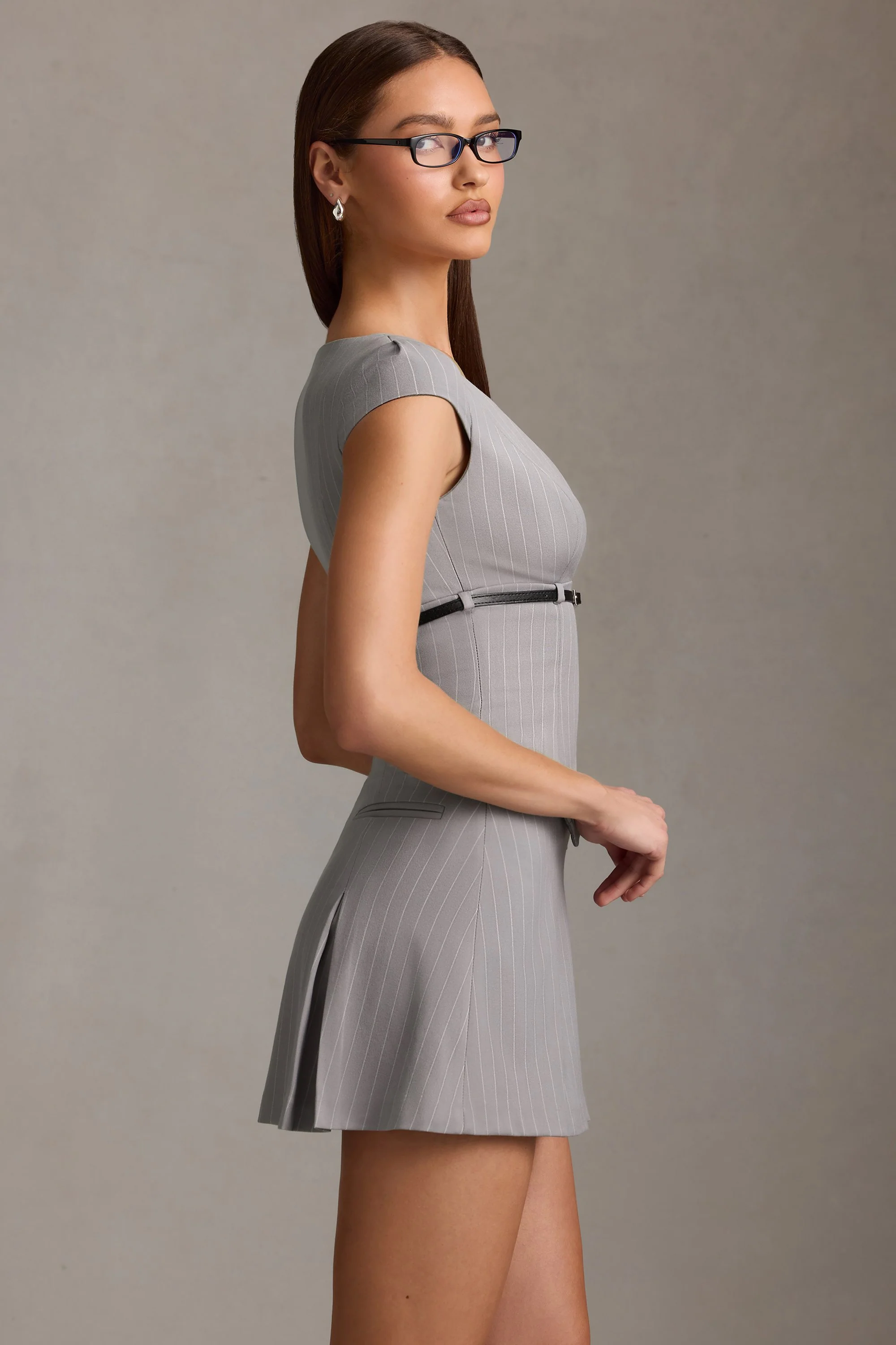 Pinstripe Pleated Waistcoat Mini Dress in Grey