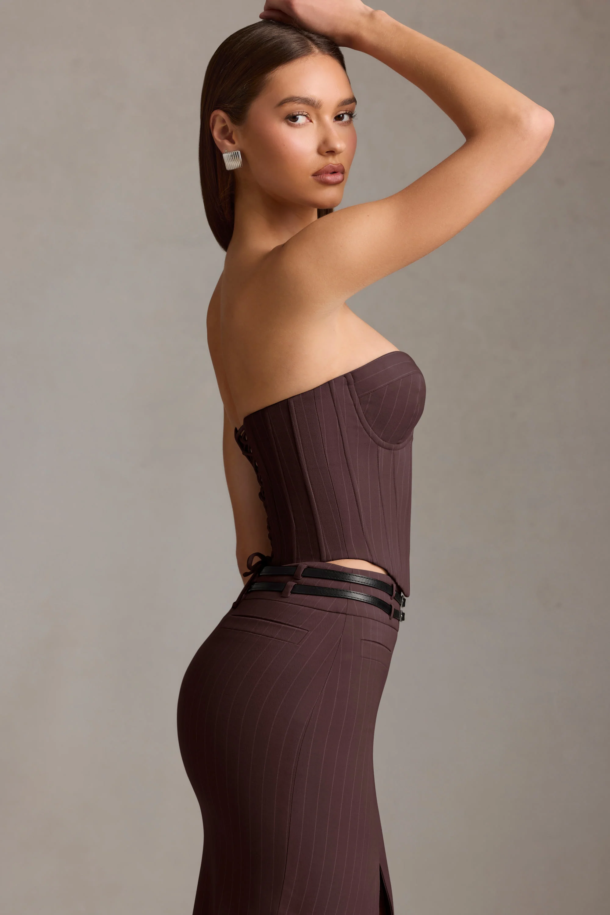 Pinstripe Lace-Up Corset Top in Chocolate Brown