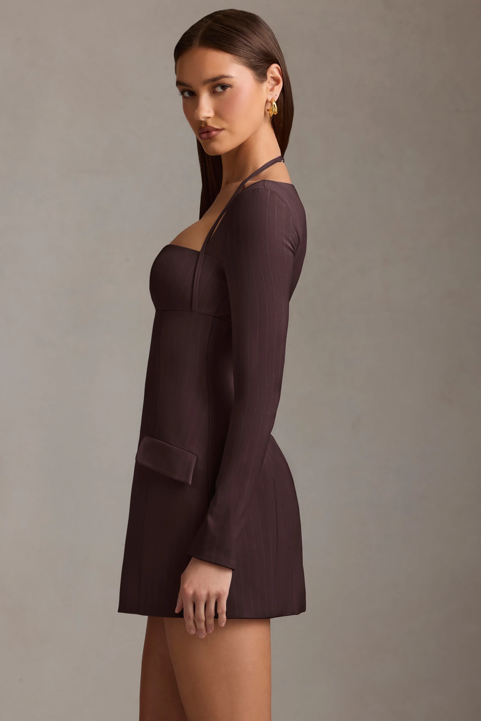Pinstripe Structured A-Line Mini Dress in Chocolate Brown