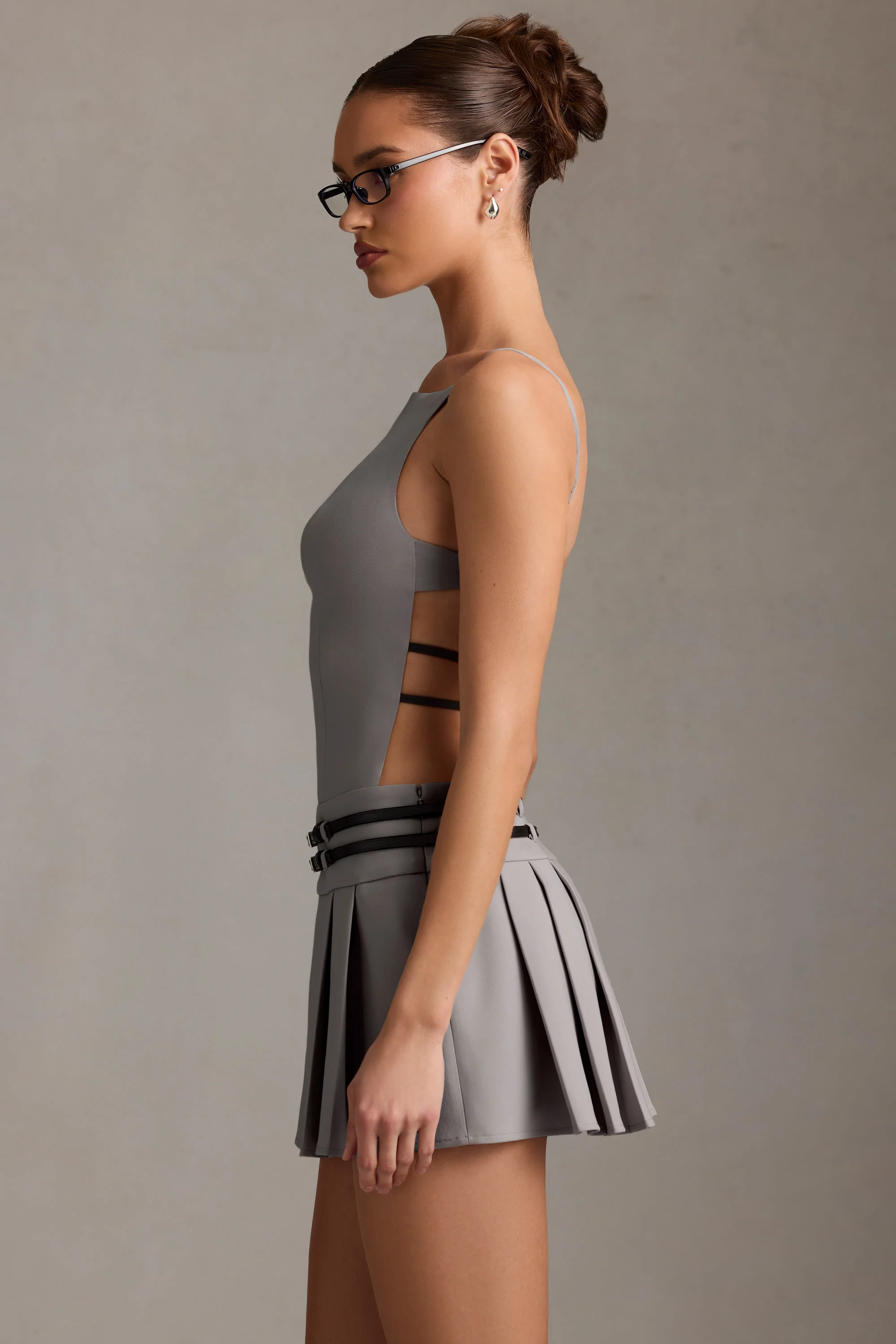 Belted Backless Pleated Mini Dress in Grey