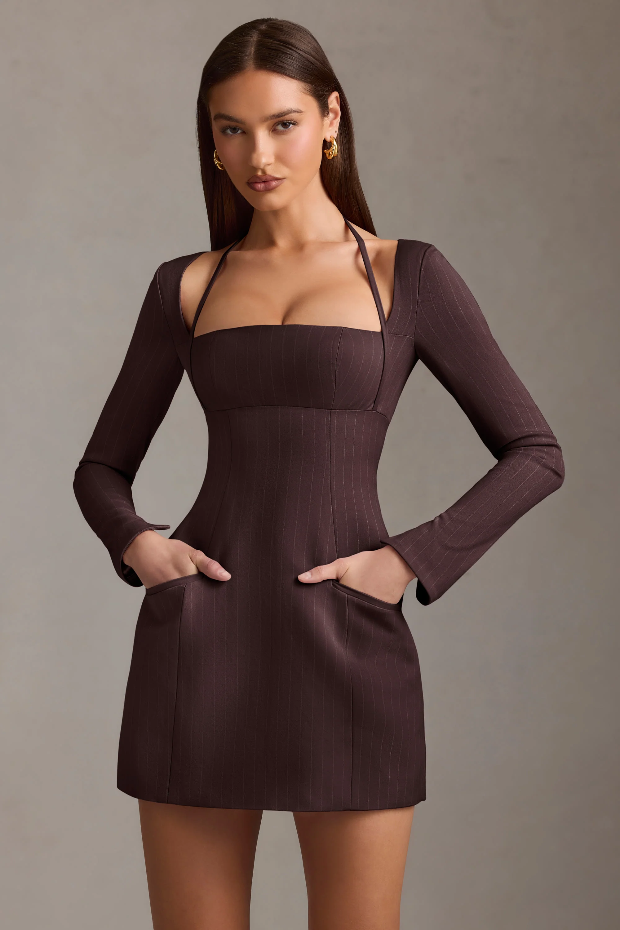 Pinstripe Structured A-Line Mini Dress in Chocolate Brown
