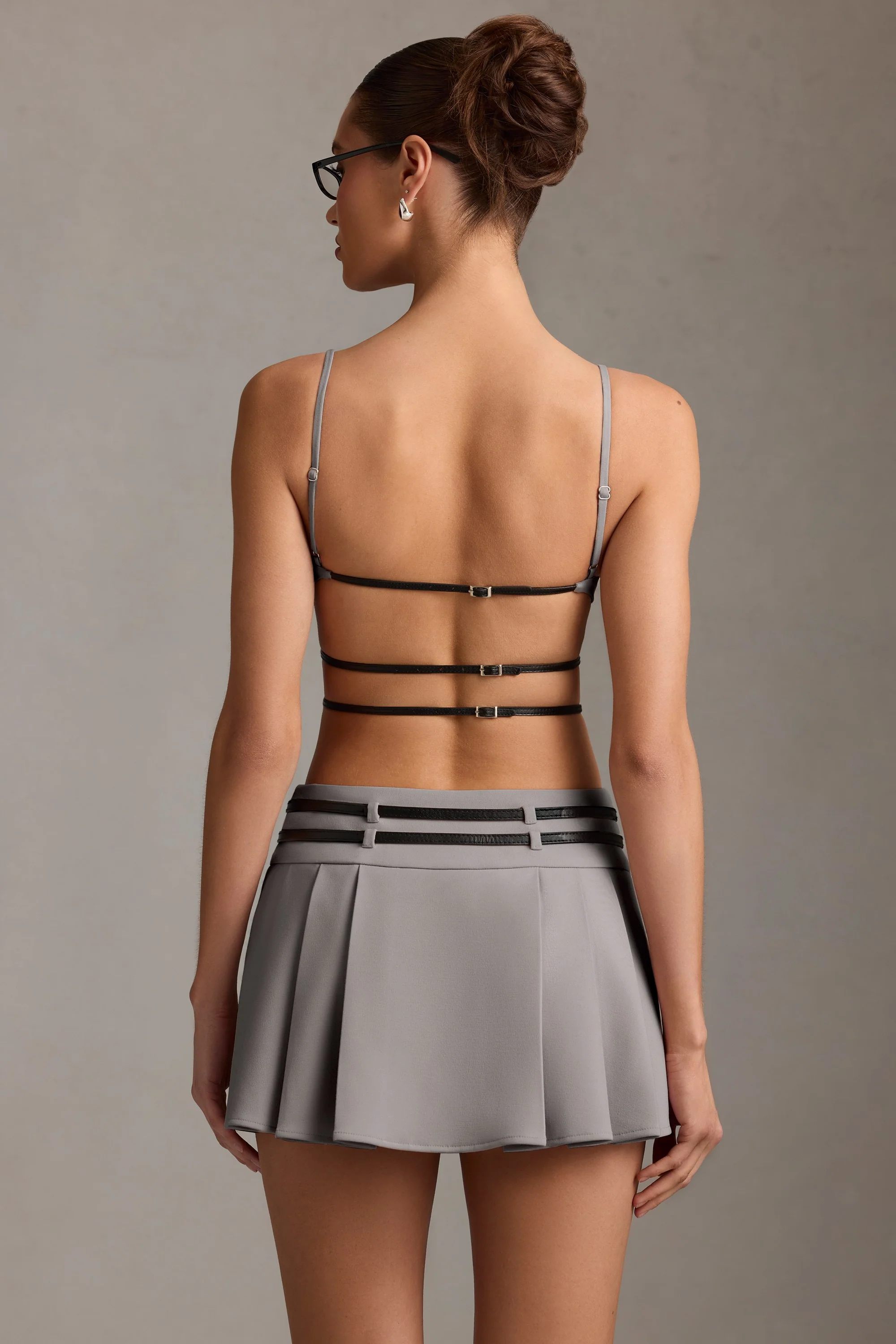 Belted Backless Pleated Mini Dress in Grey