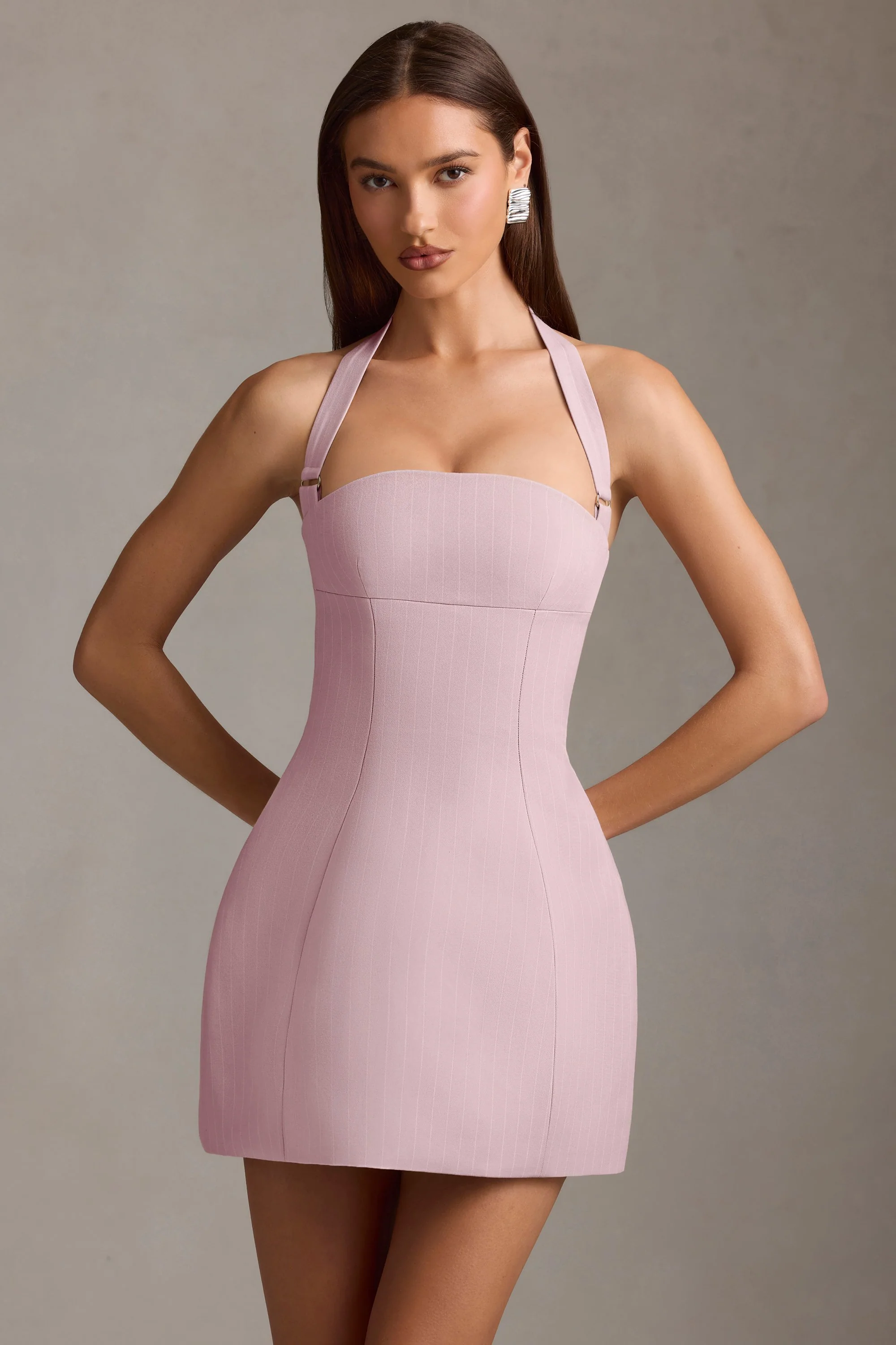 Pinstripe Halterneck Structured A-Line Mini Dress in Mauve
