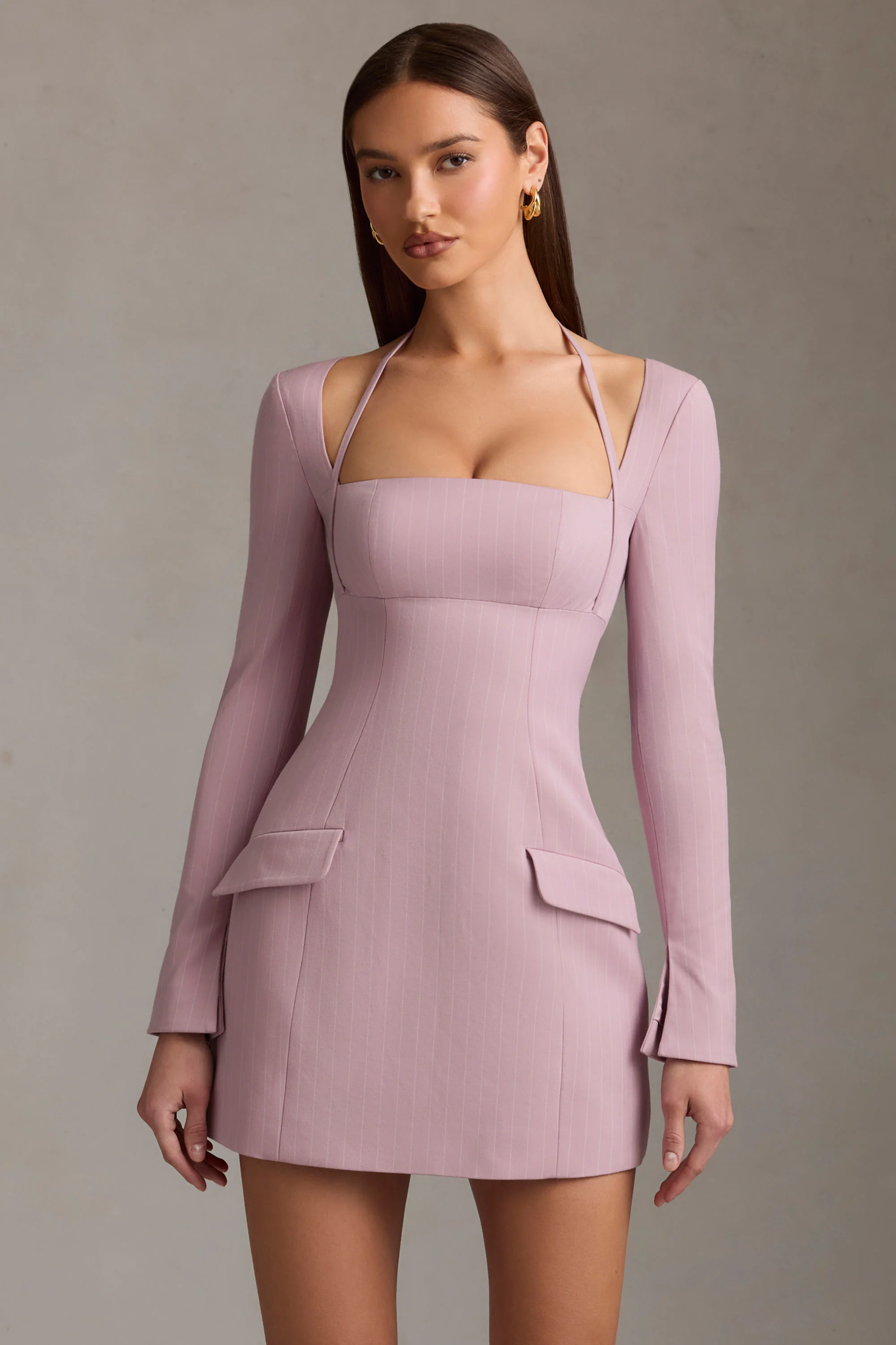 Pinstripe Structured A-Line Mini Dress in Mauve