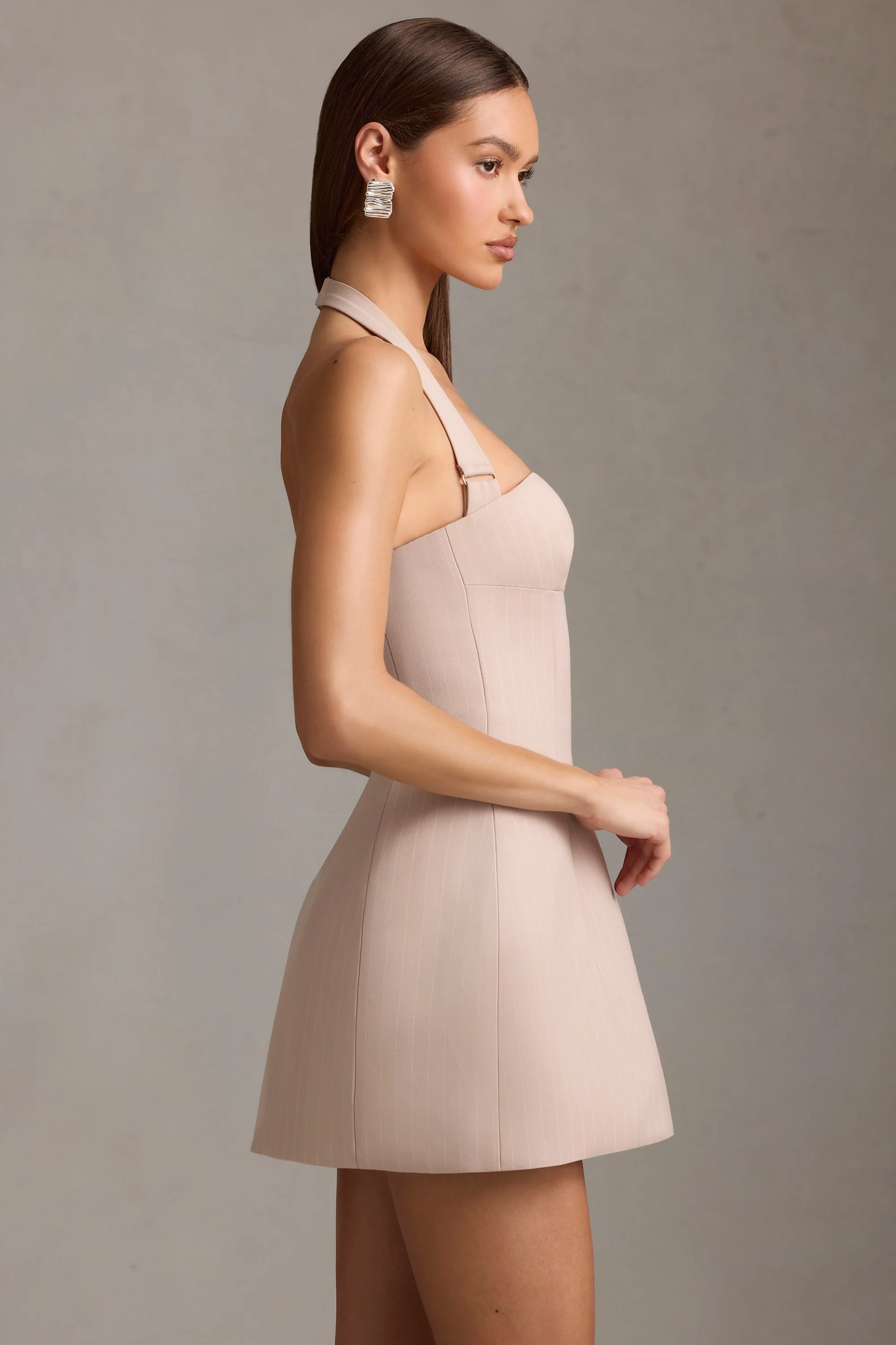 Pinstripe Halterneck Structured A-Line Mini Dress in Mushroom