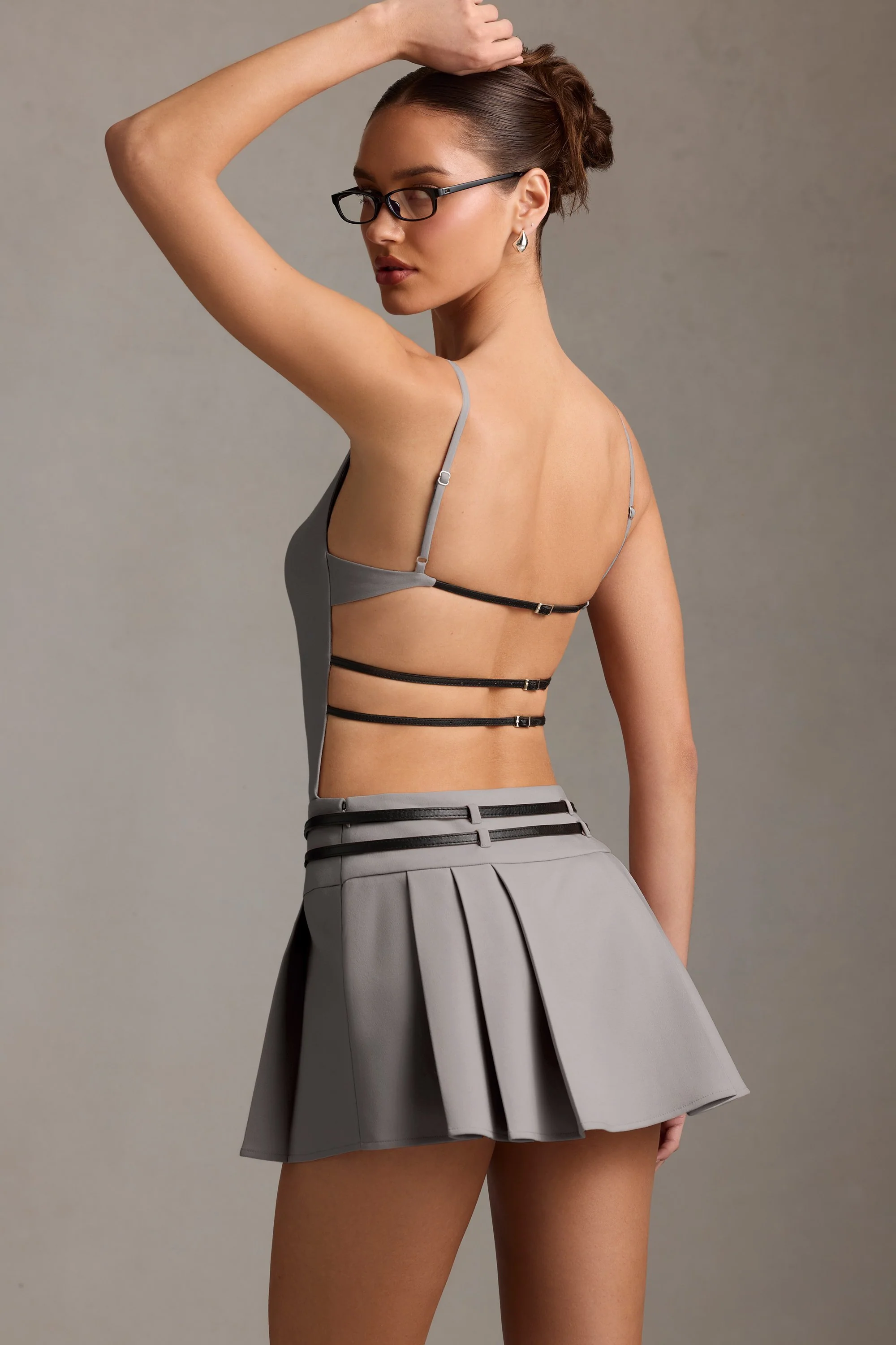 Belted Backless Pleated Mini Dress in Grey