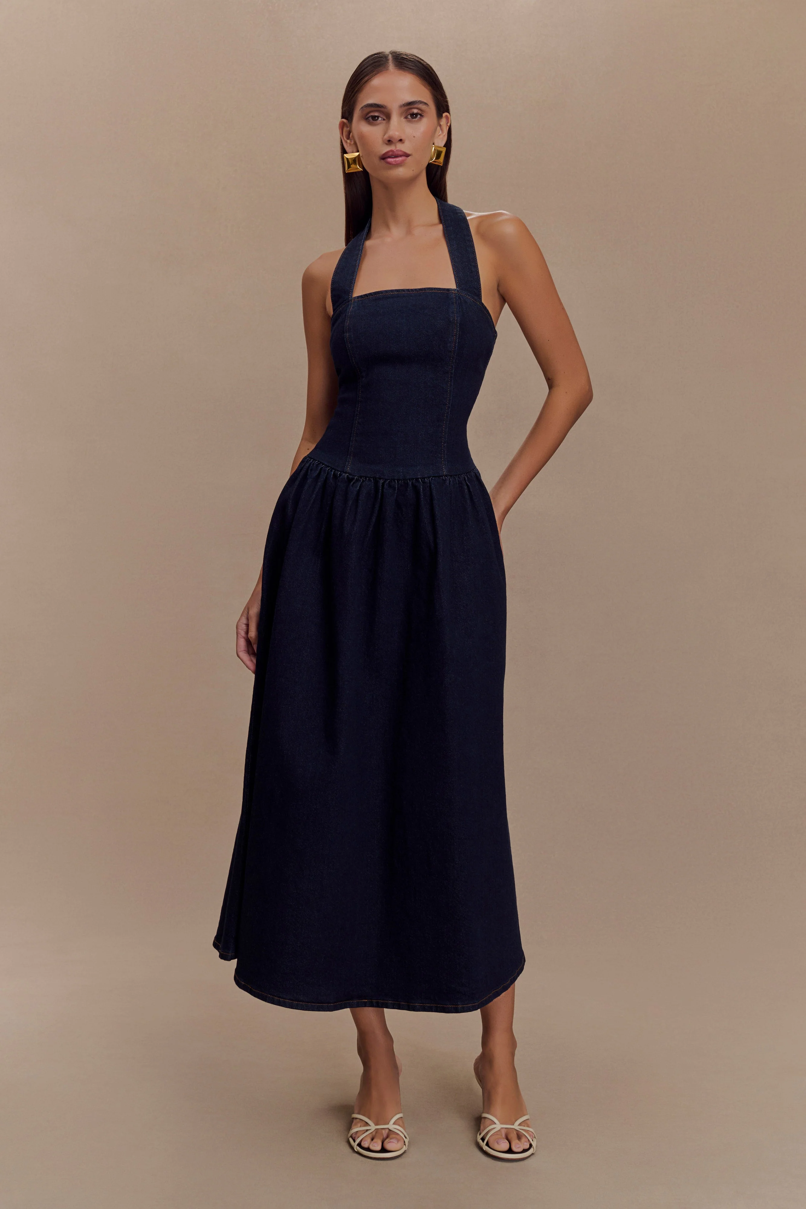 Caroline Denim Halter Midi Dress - Indigo Blue