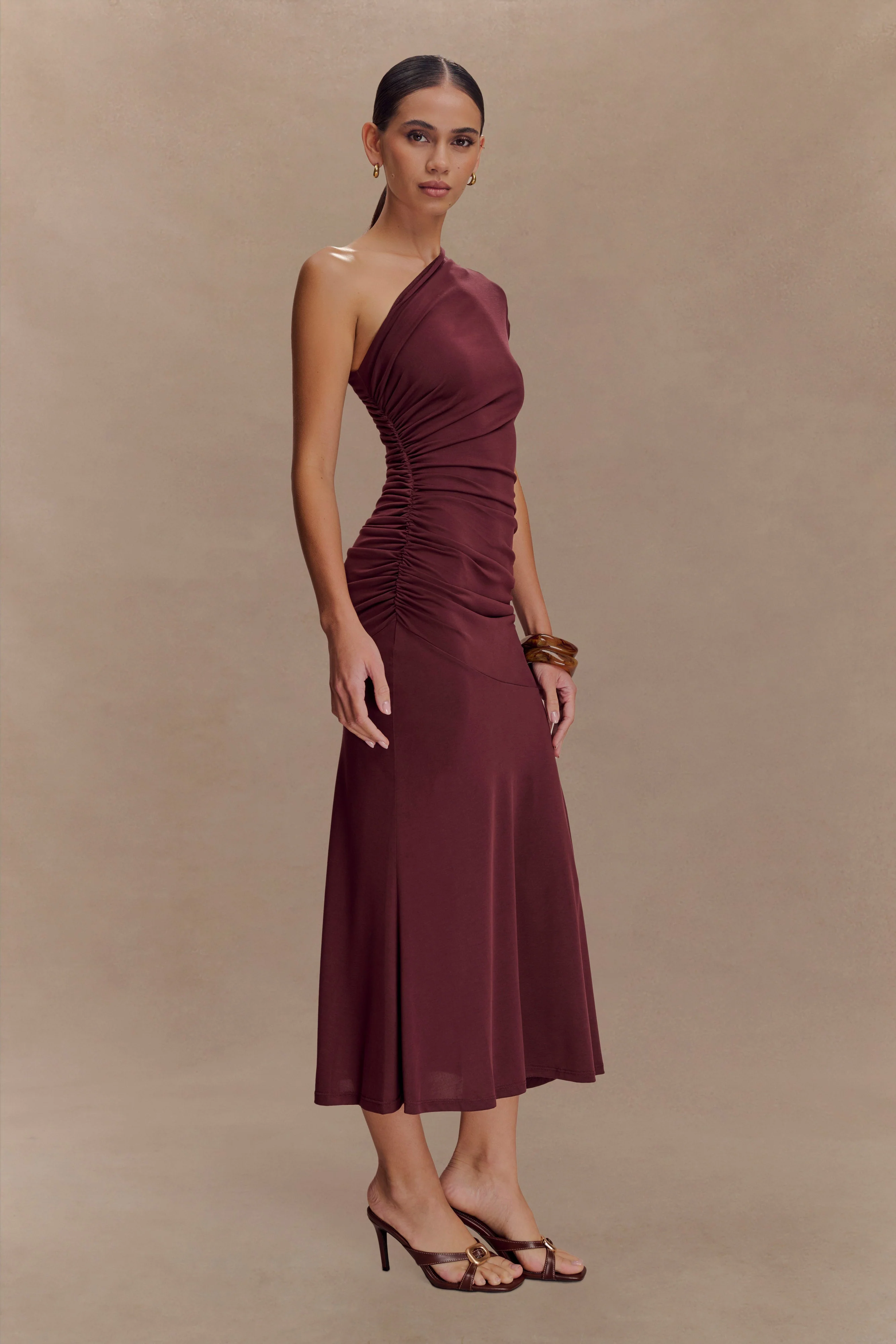 Chloe Peached Jersey One Shoulder Midi Dress - Mahogany