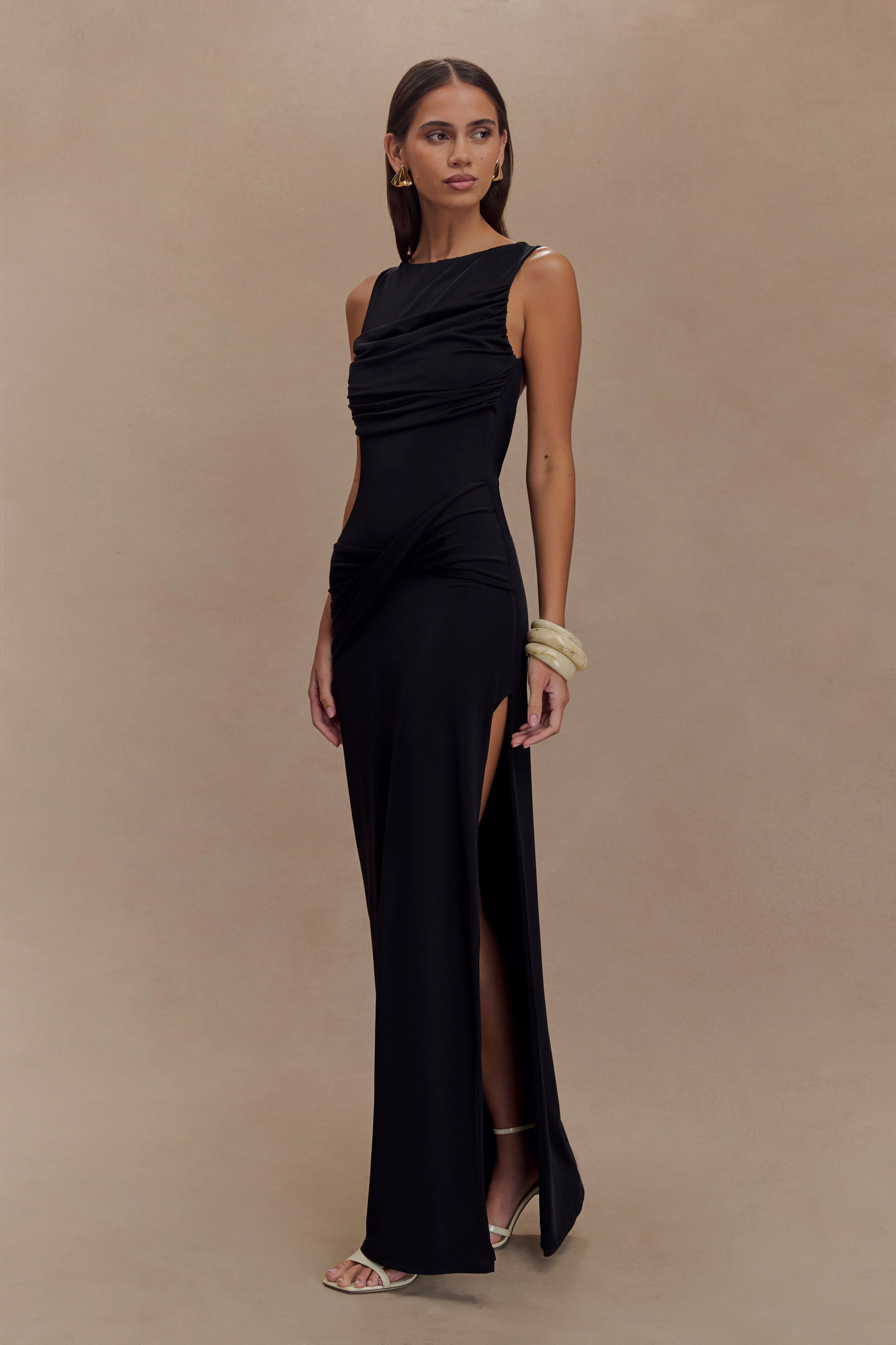 Henley Slinky Drape Maxi Dress - Black
