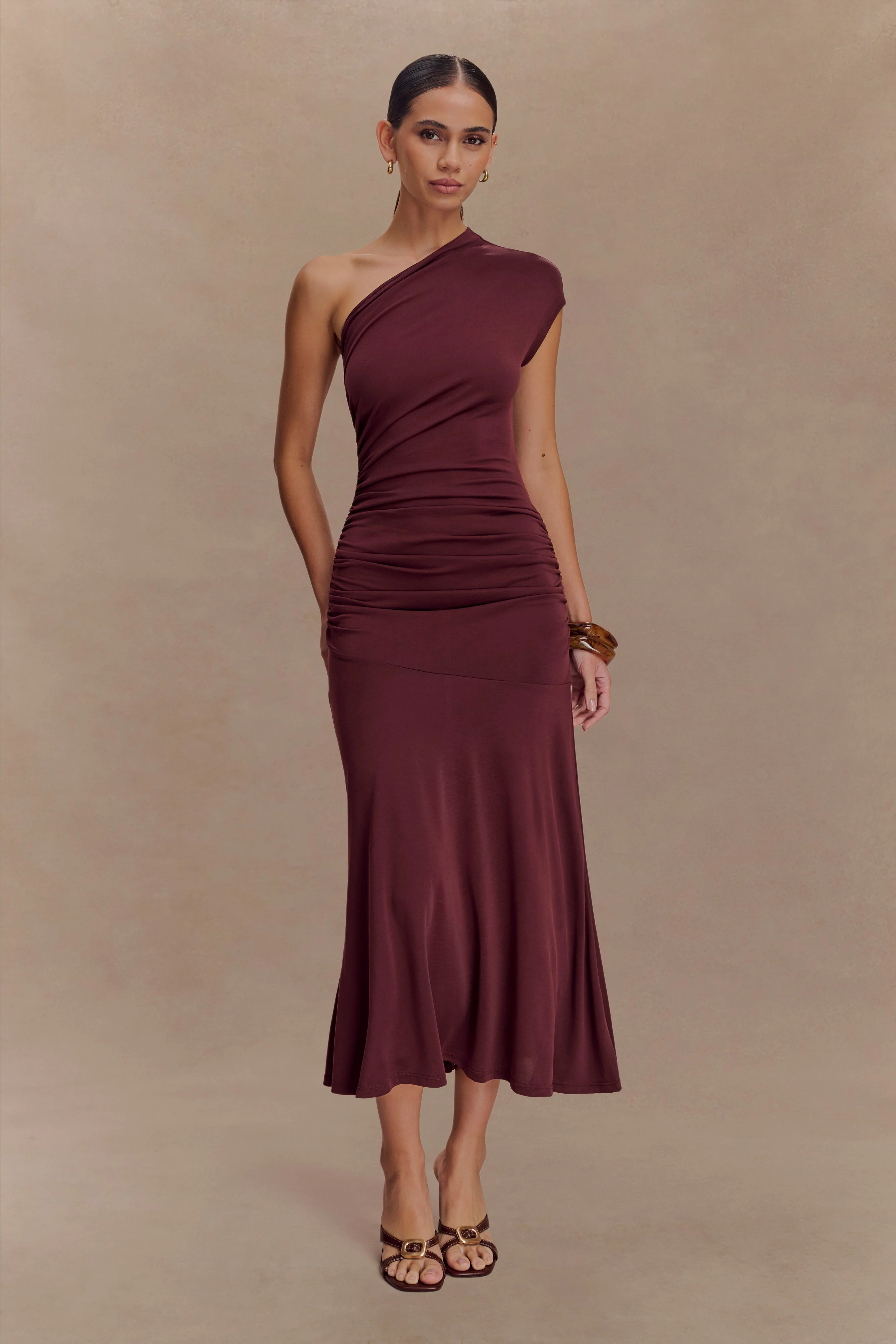 Chloe Peached Jersey One Shoulder Midi Dress - Mahogany