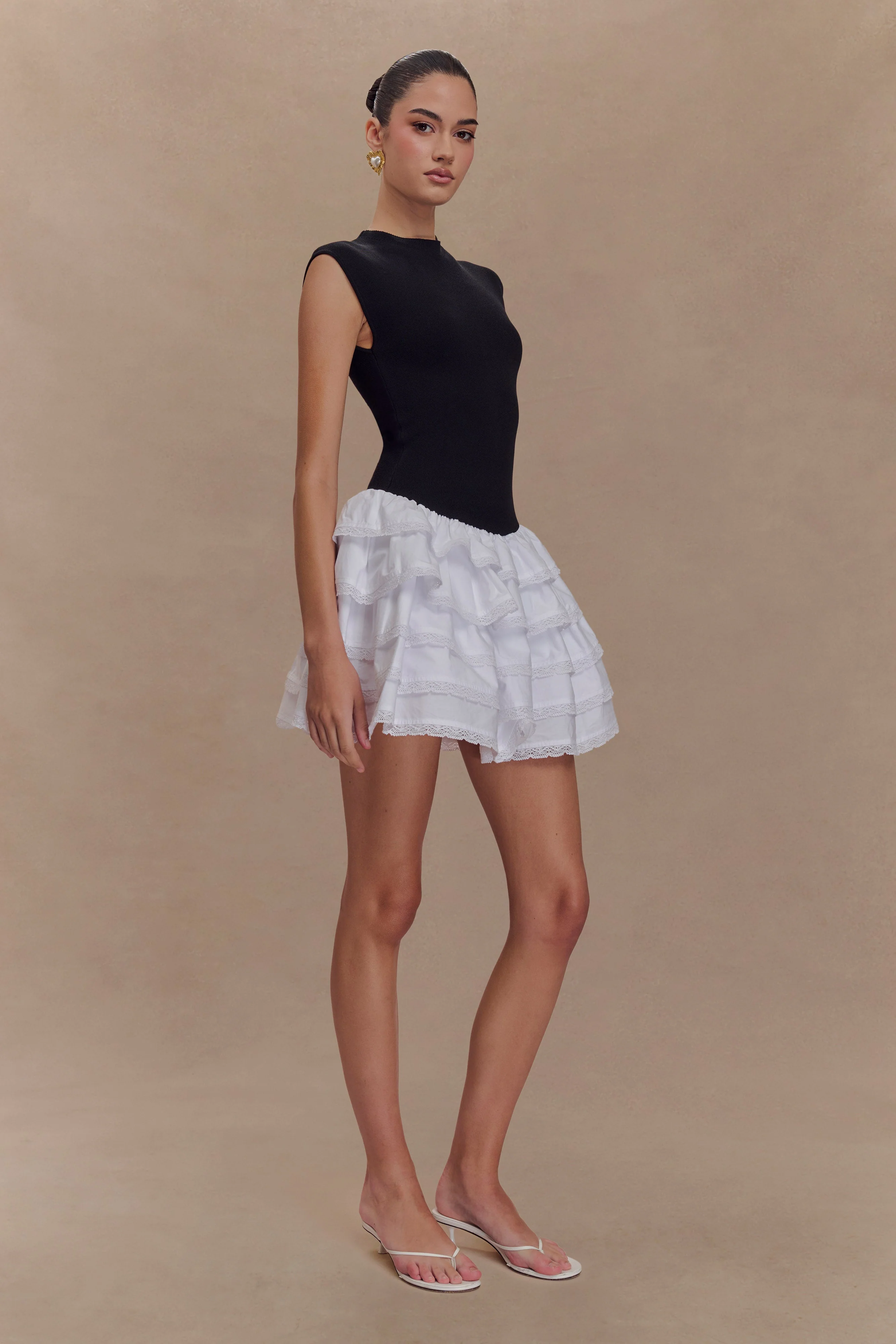 Maeve Contrast Ruffle Knit Mini Dress - Black/White